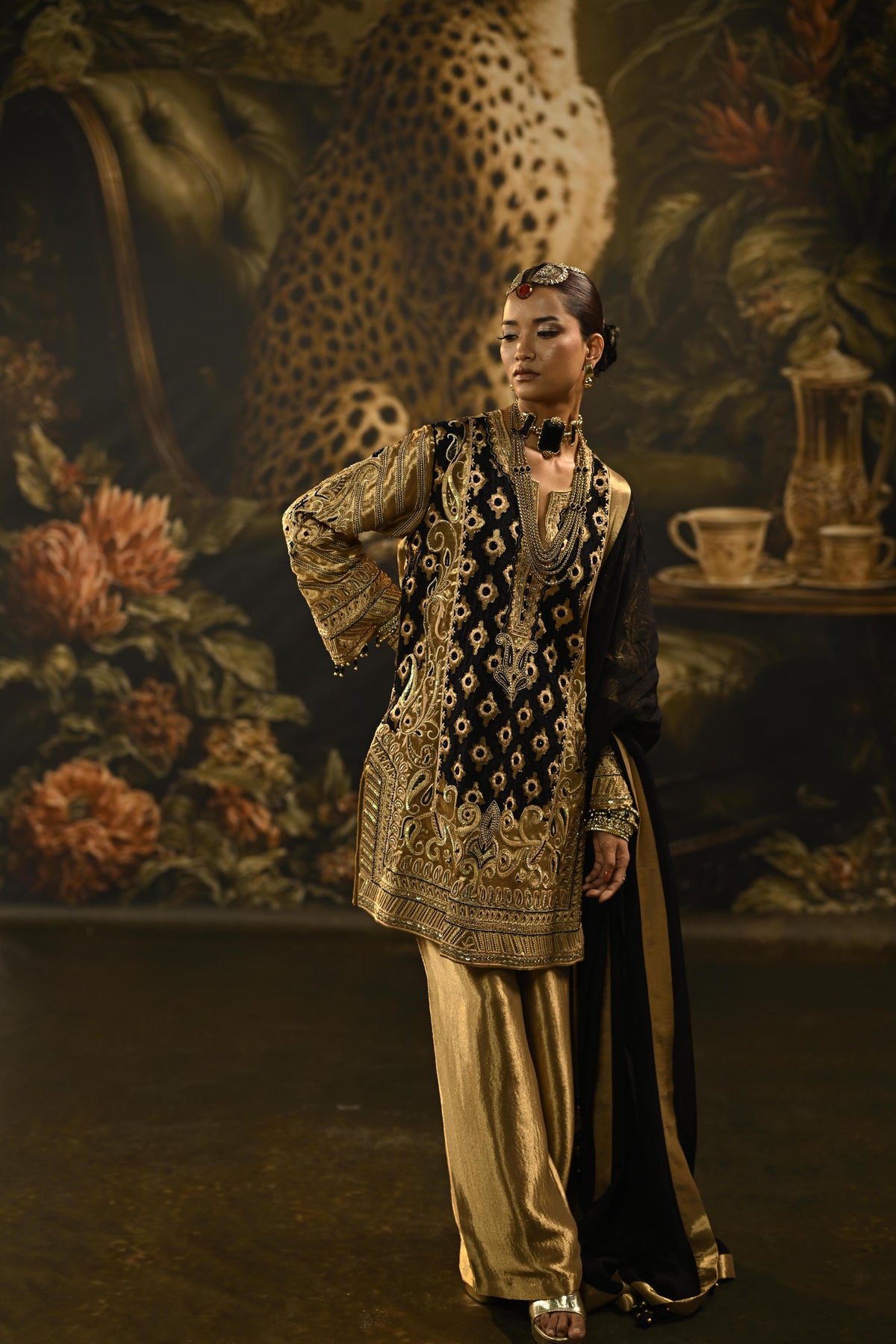 Gold Noir Embellished Tissue Banarasi Silk Kurta Set