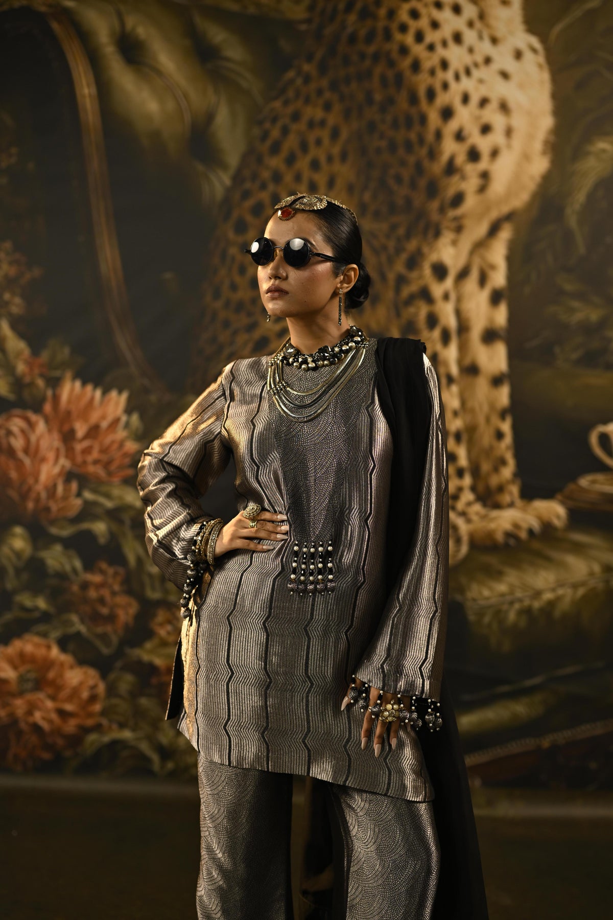 Silver Grey Embellished Banarasi Brocade Silk Pant Set
