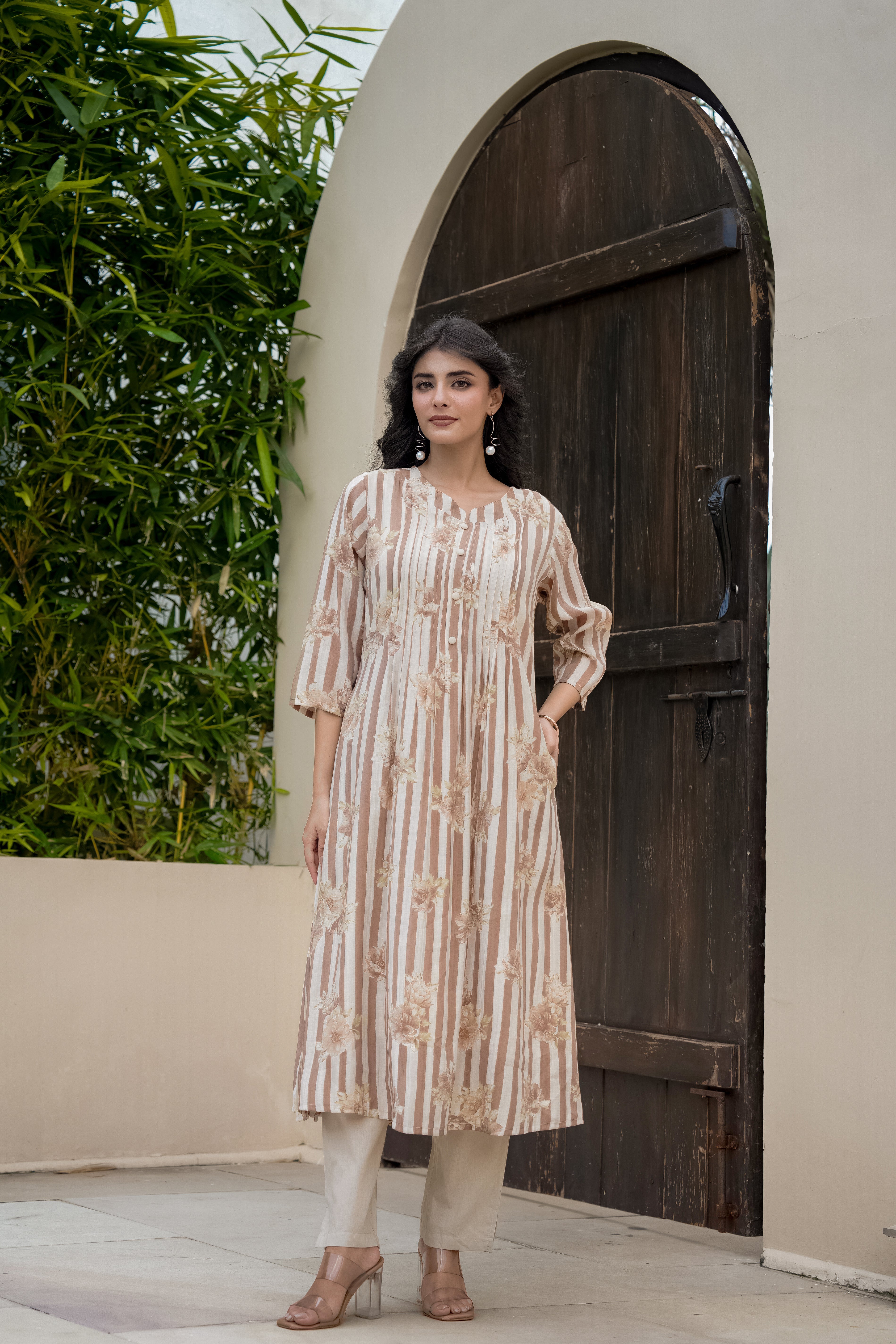 Beige Flora Printed Mul Chanderi Silk Kurta Set
