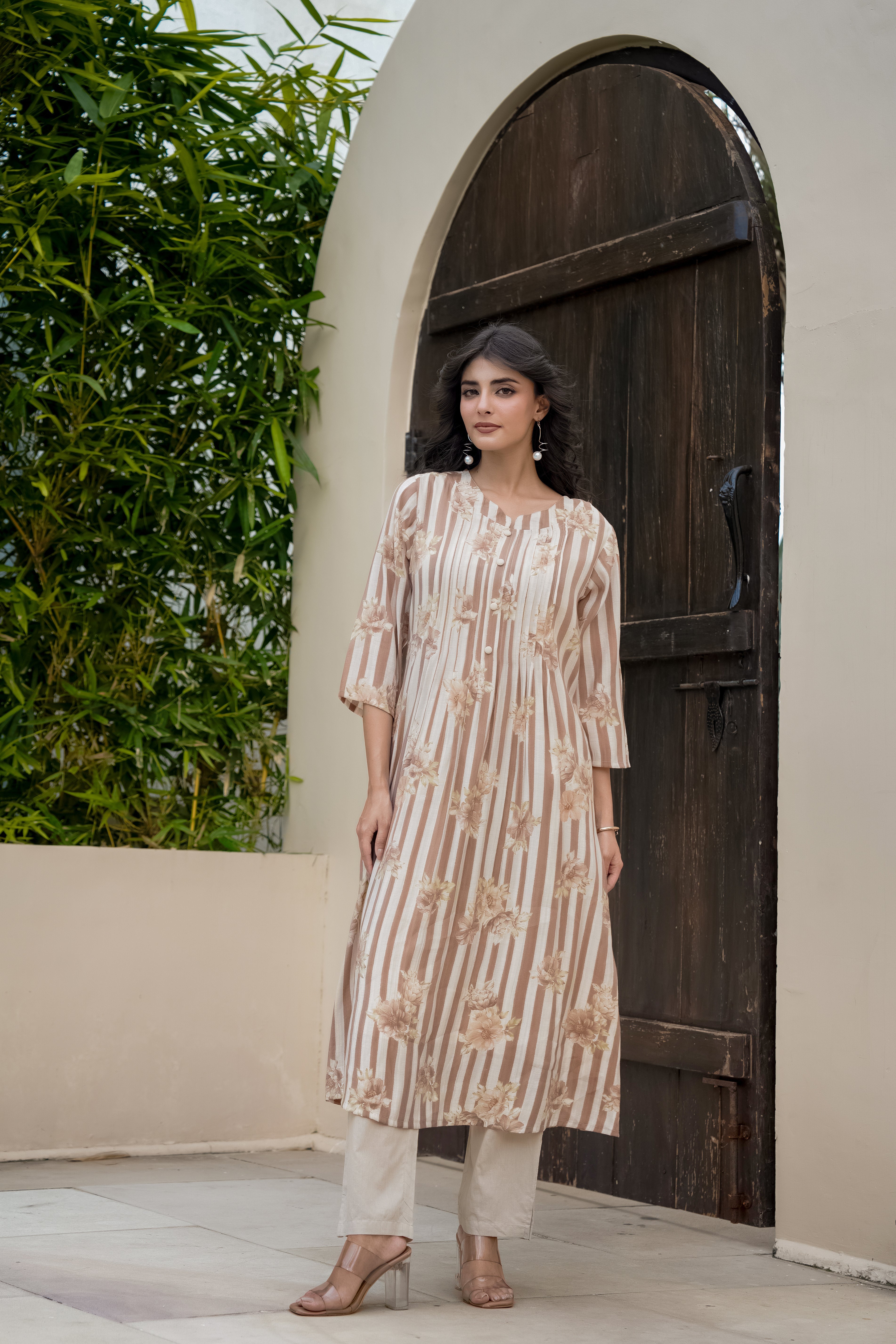 Beige Flora Printed Mul Chanderi Silk Kurta Set
