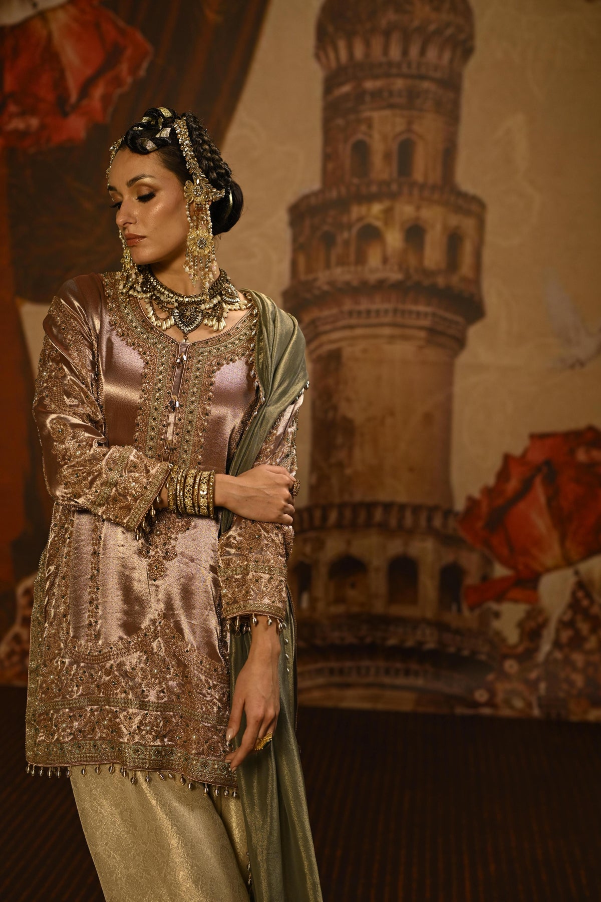 Metallic Rose Embellished Tissue Banarasi Silk Pant Set