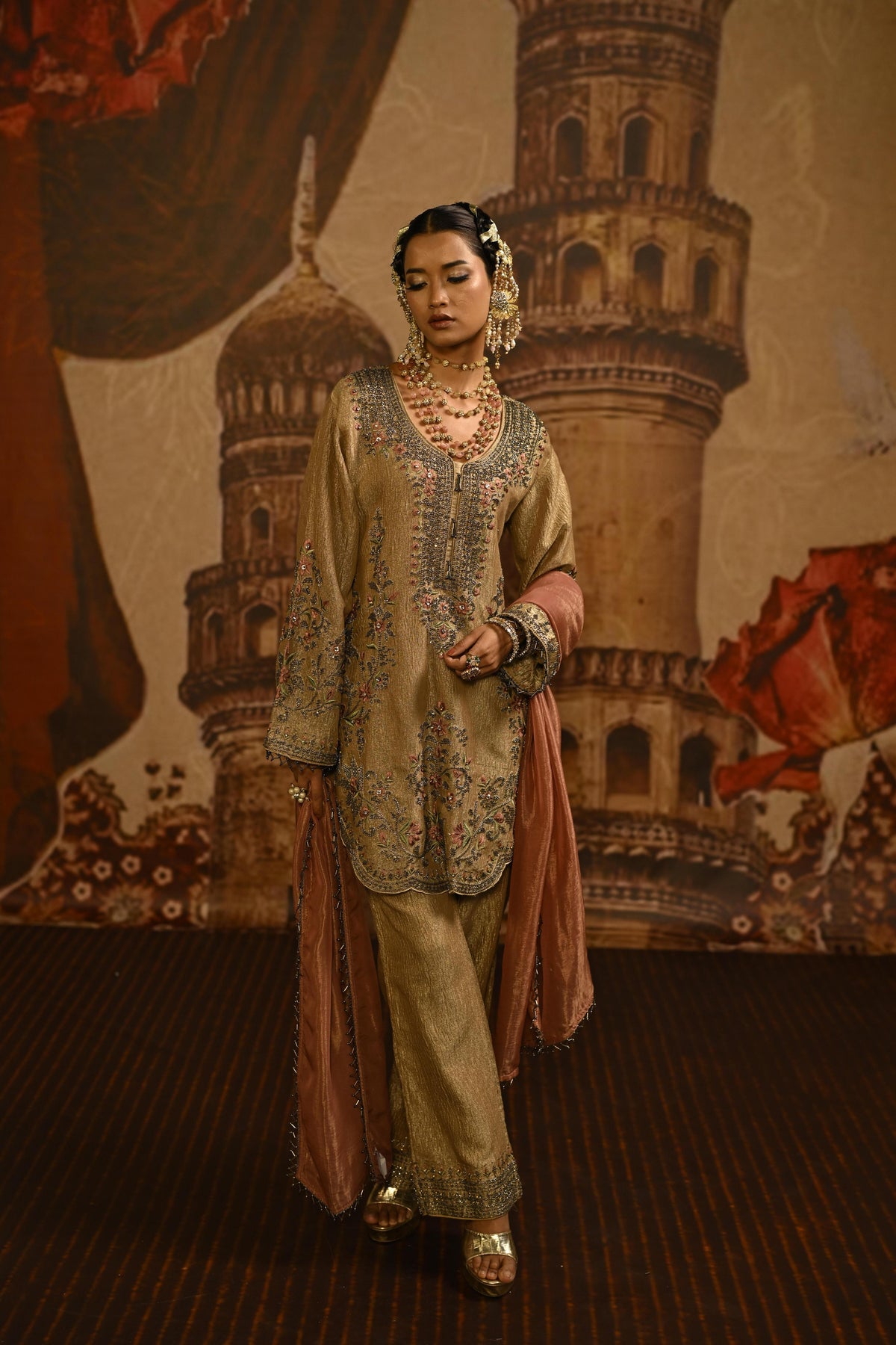Sand Beige Embellished Tissue Silk Pant Set