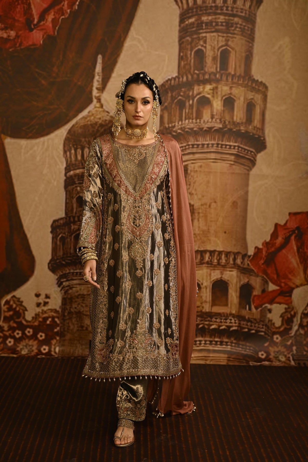 Metallic Brown Embellished Tissue Banarasi Silk Pant Set