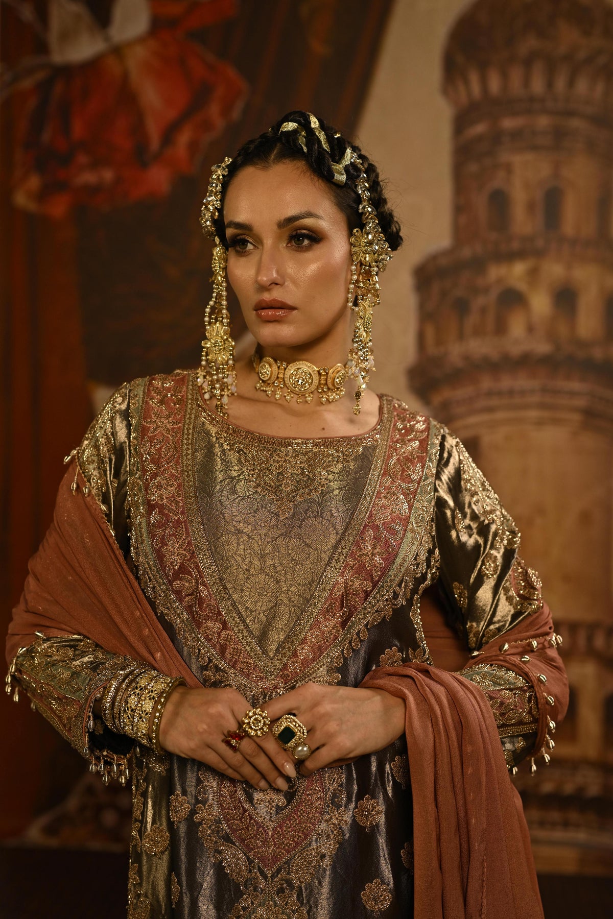 Metallic Brown Embellished Tissue Banarasi Silk Pant Set