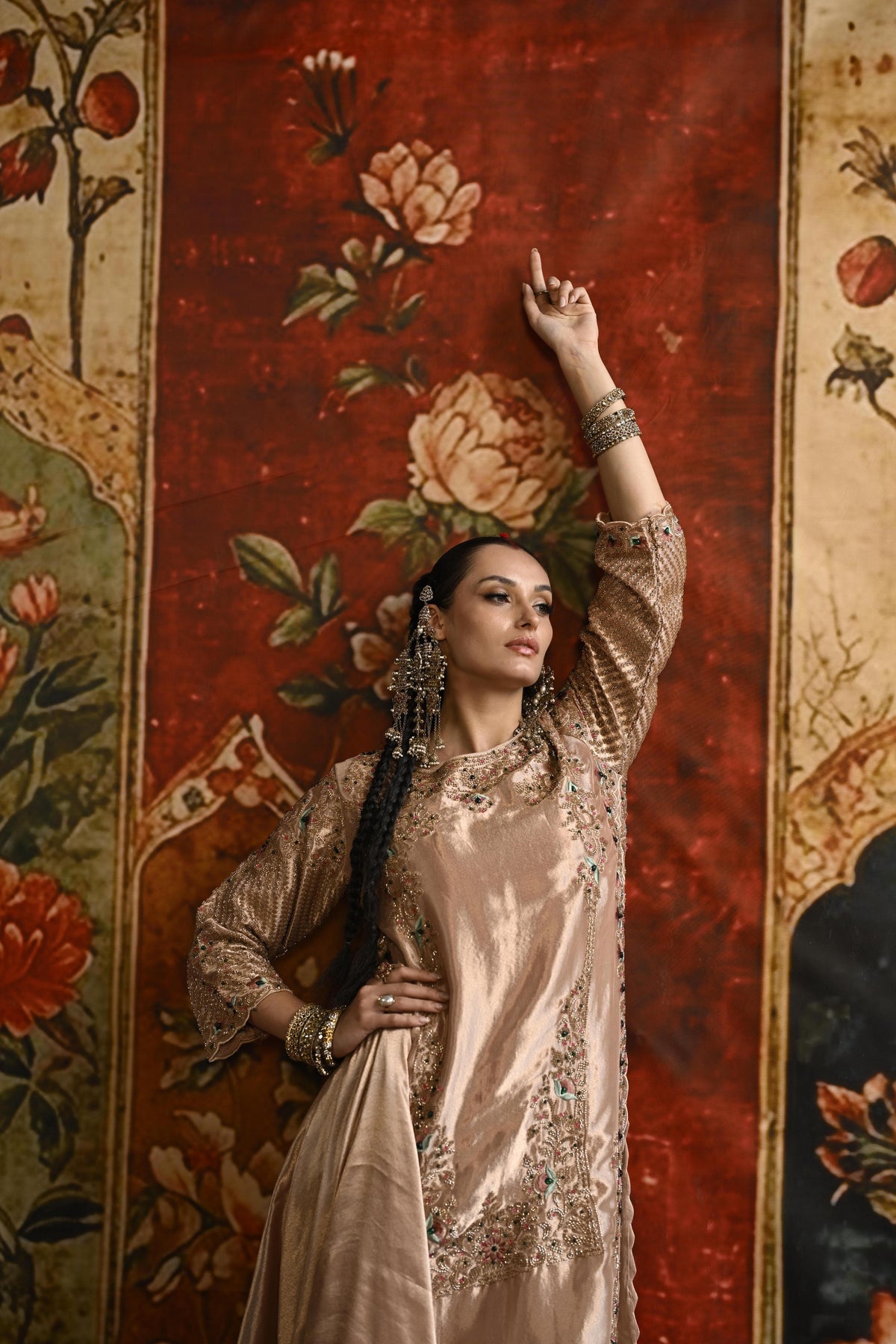 Peach Embellished Tissue Banarasi Silk Pant Set