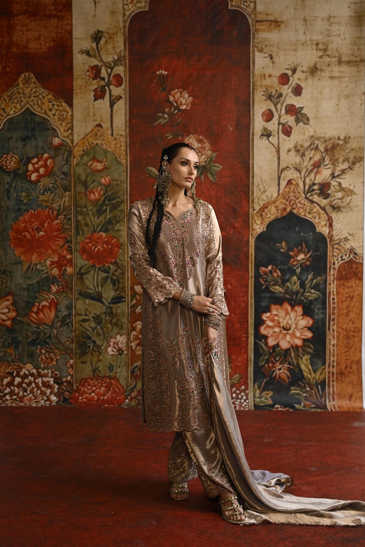 Taupe Ivory Embellished Tissue Banarasi Silk Pant Set