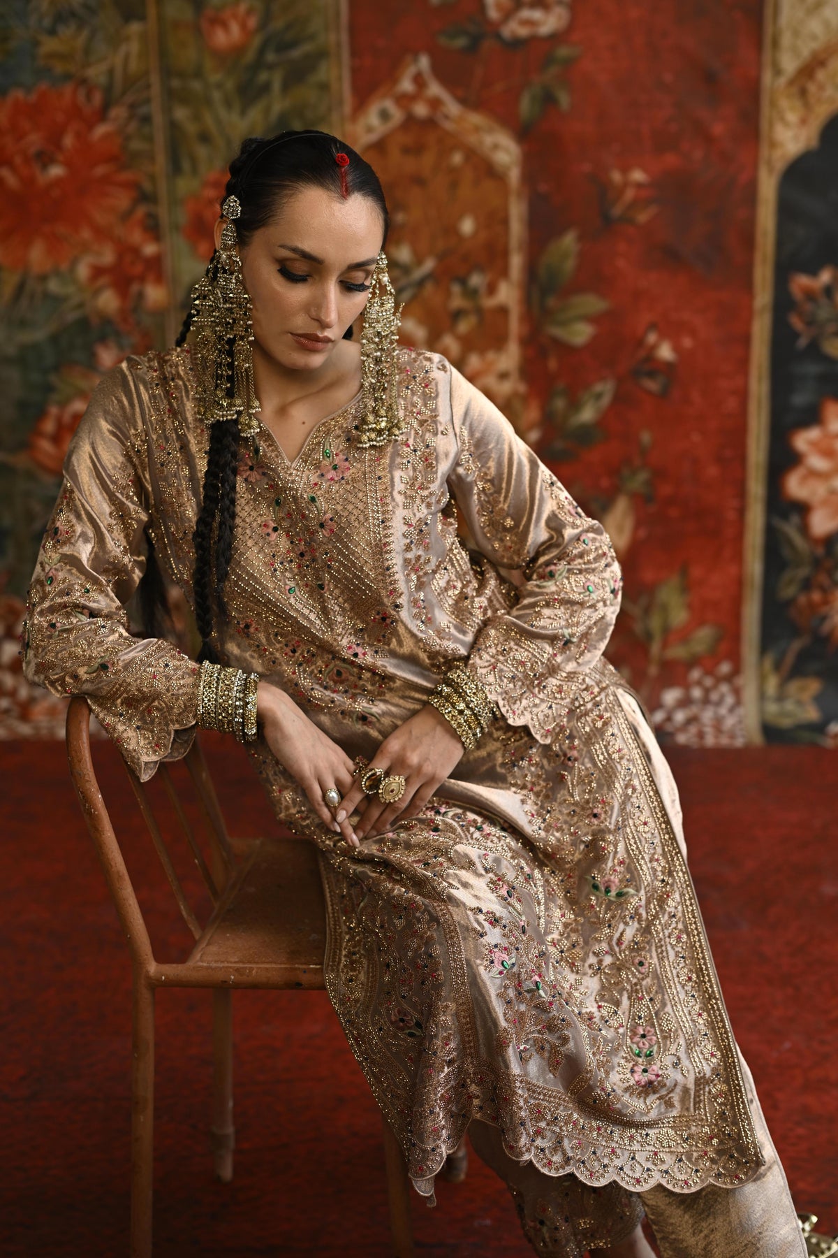 Taupe Ivory Embellished Tissue Banarasi Silk Pant Set