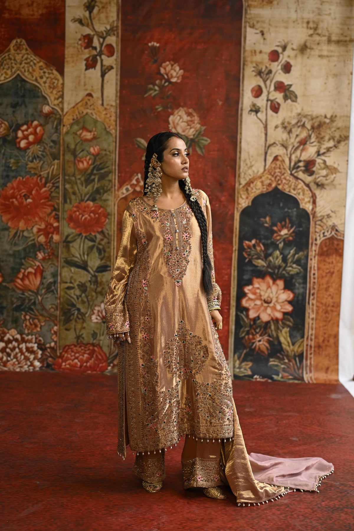 Rose Gold Embellished Tissue Banarasi Silk Pant Set