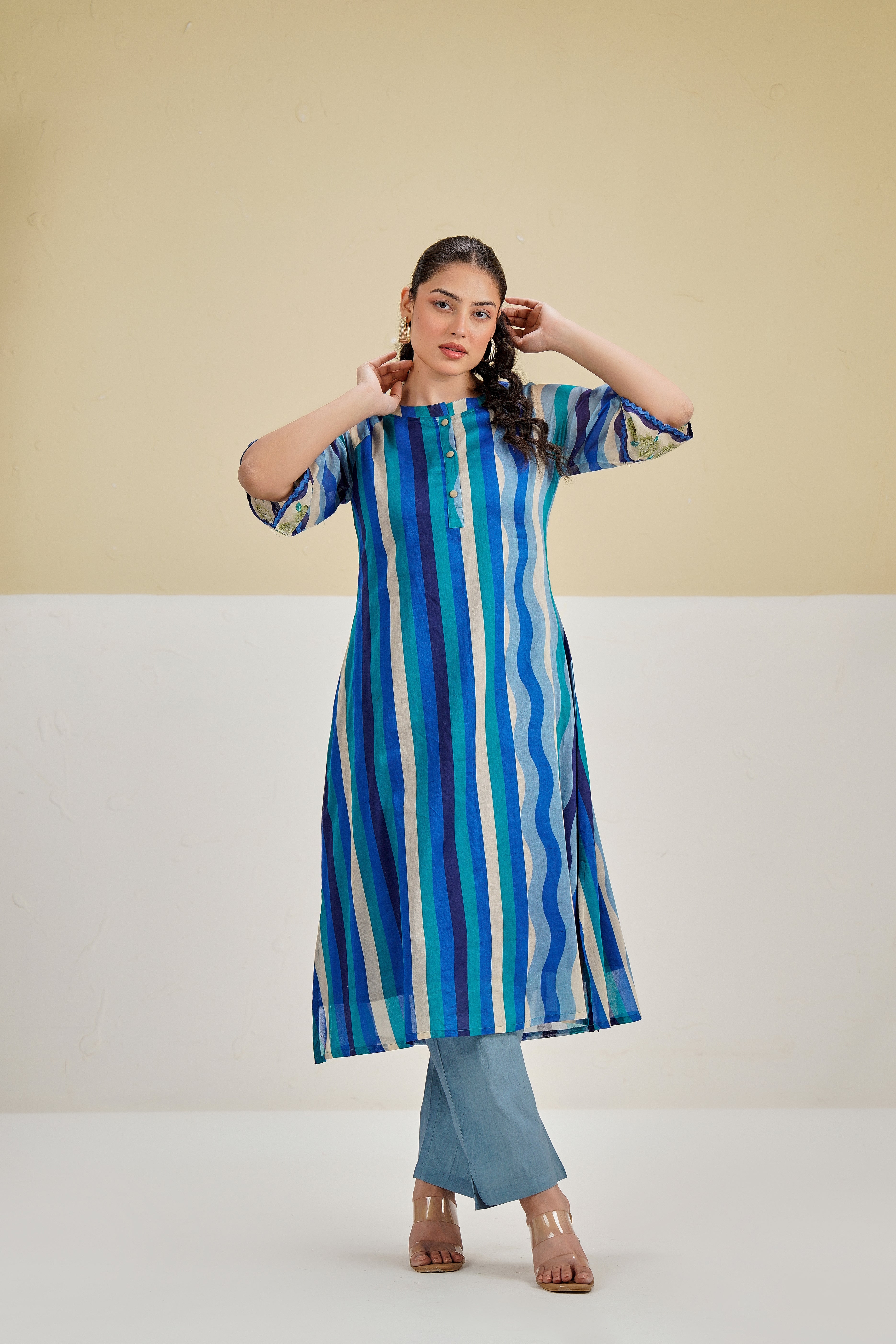 Blue Stripe Printed Cotton Kurta Set