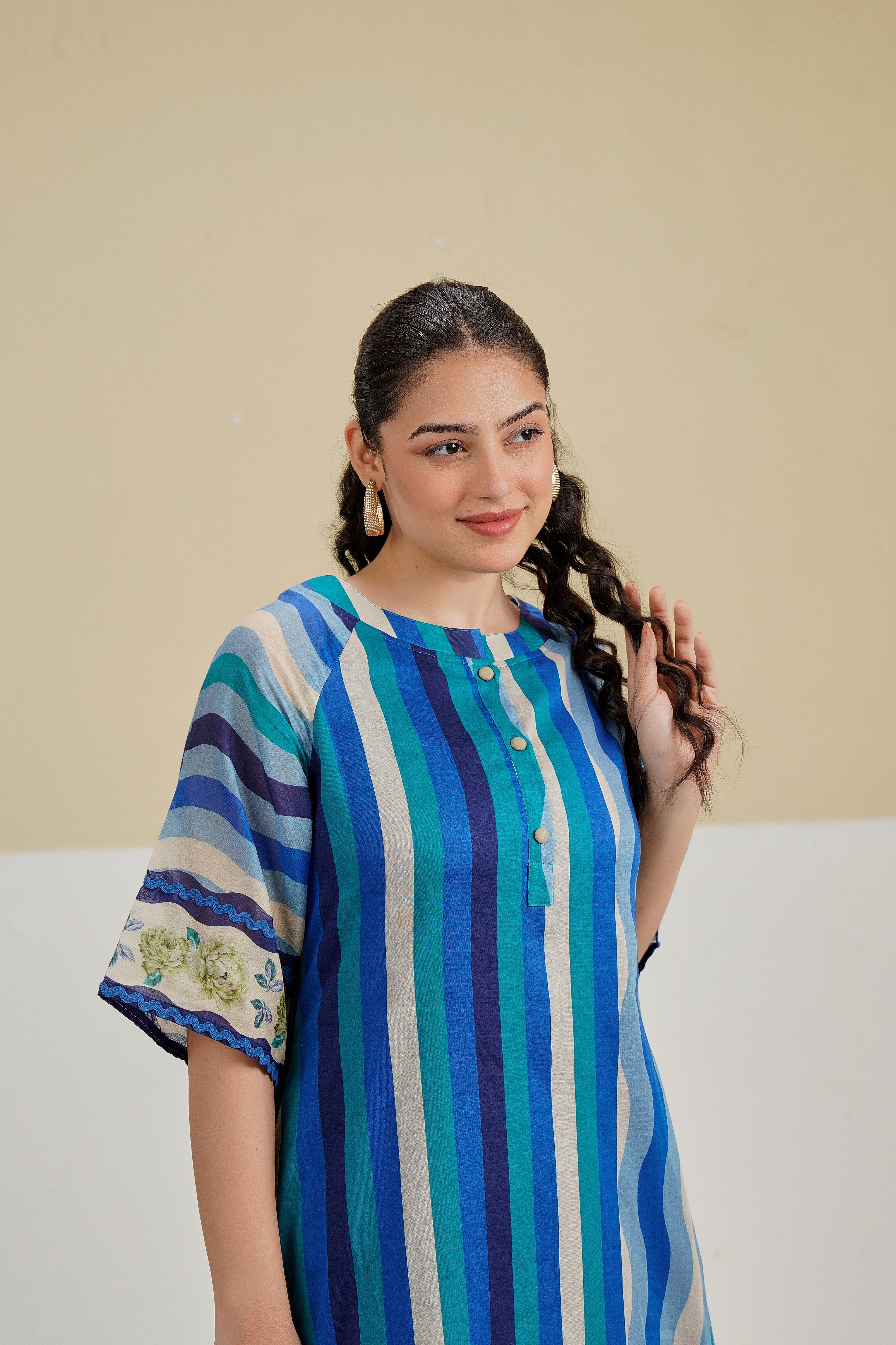 Blue Stripe Printed Cotton Kurta Set