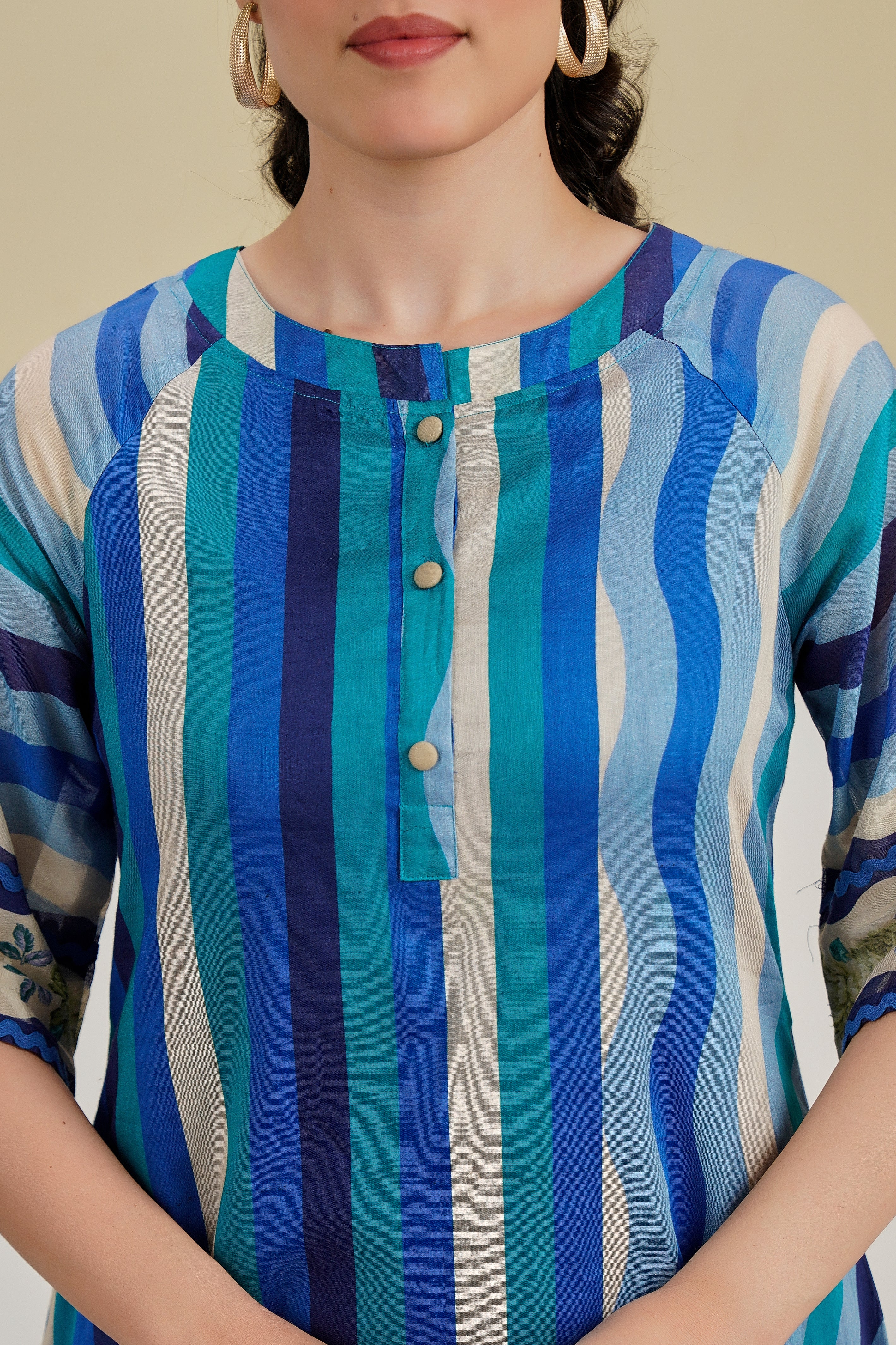 Blue Stripe Printed Cotton Kurta Set