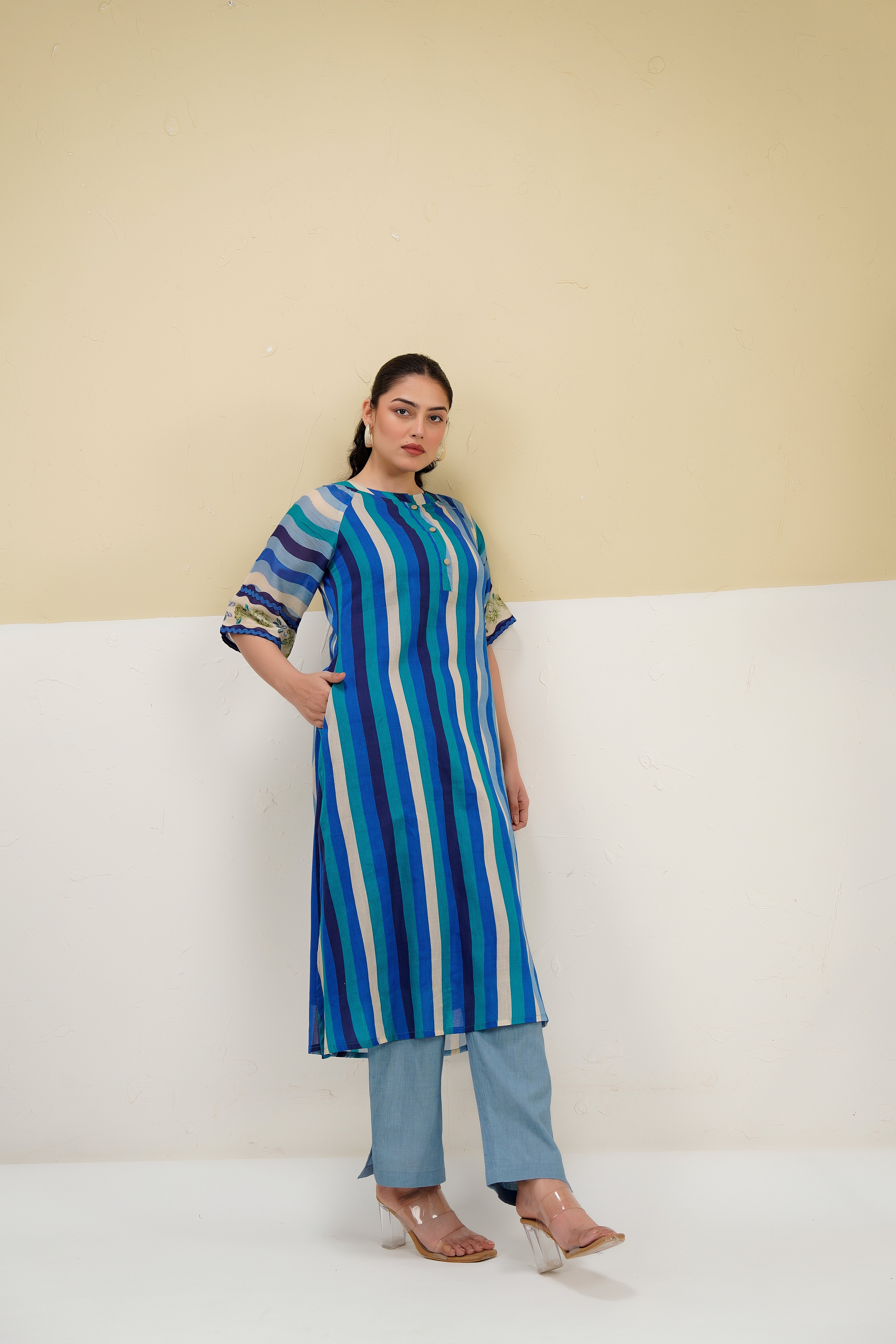 Blue Stripe Printed Cotton Kurta Set