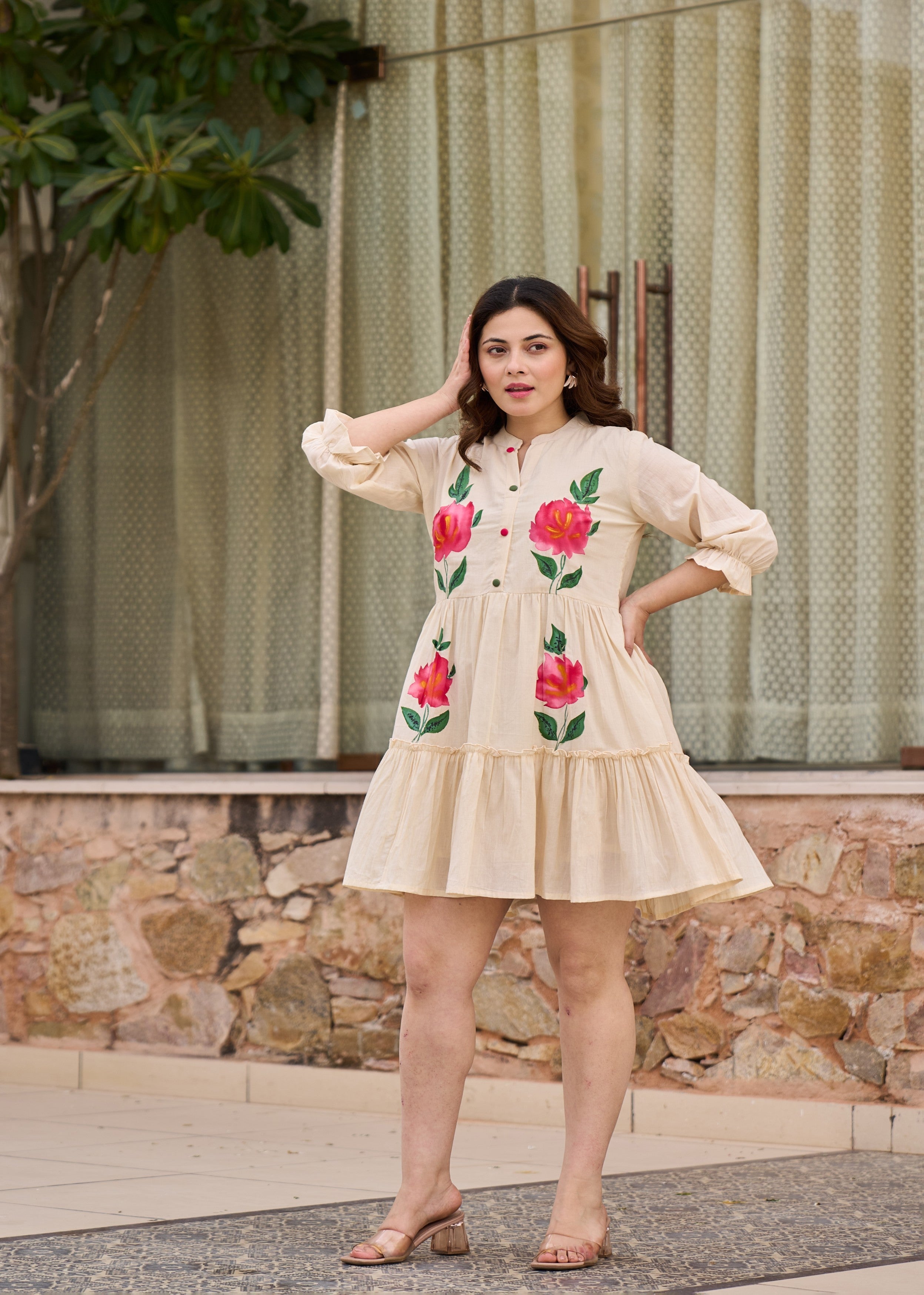 Beige Blush Printed Cotton Dress