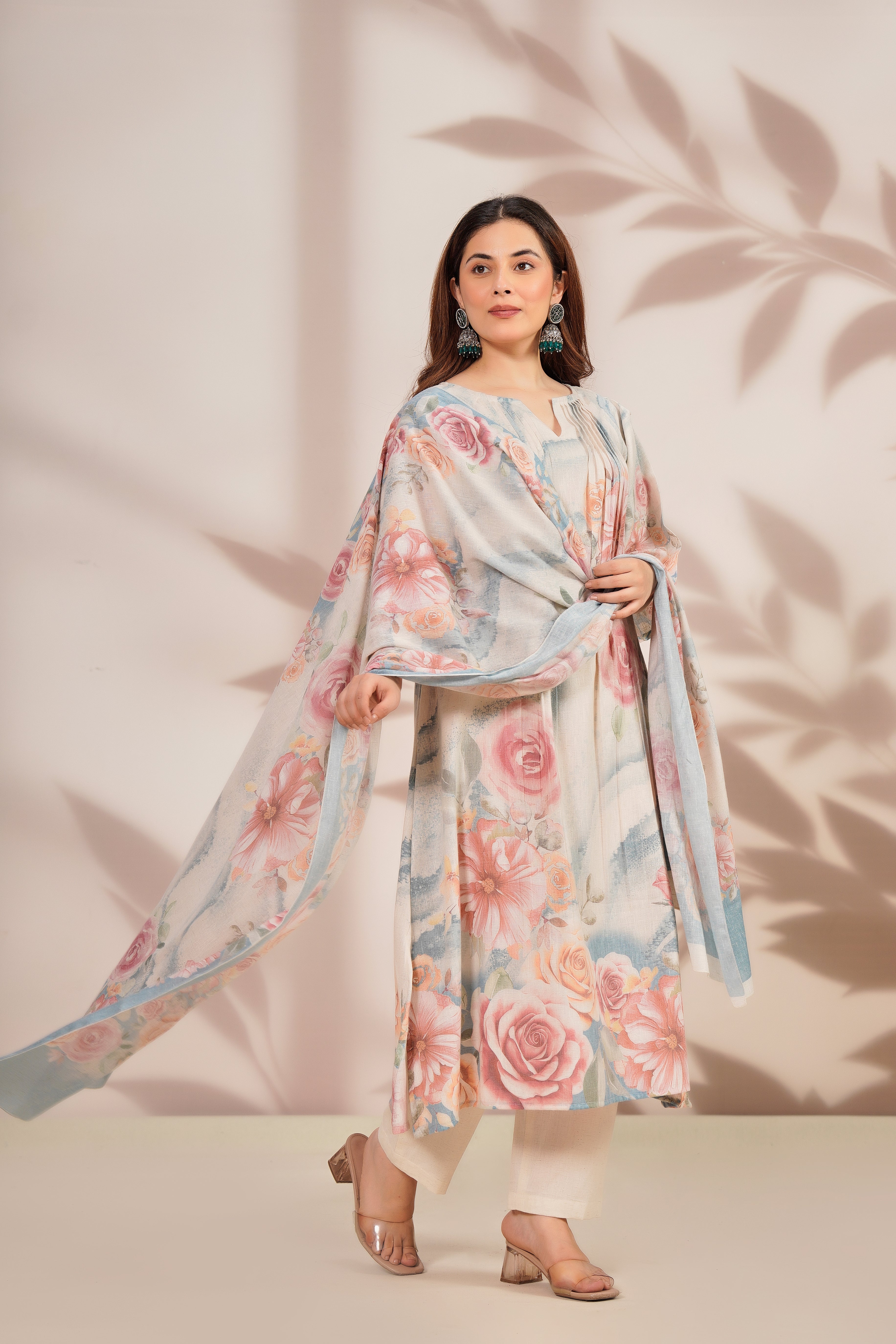 Pastel Charm Printed Cotton Linen Kurta Set