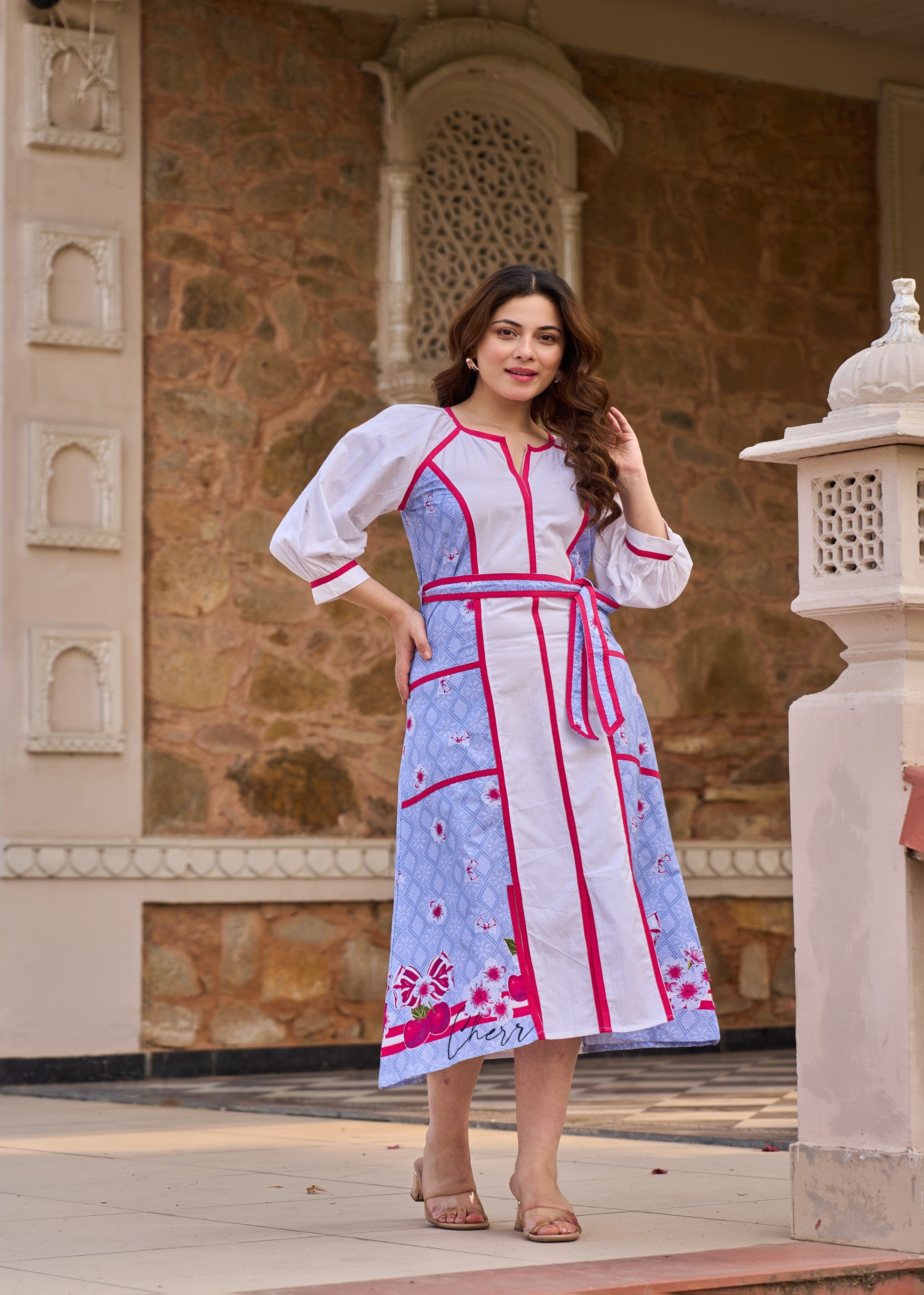 Blue and White Panelled Cotton Dress
