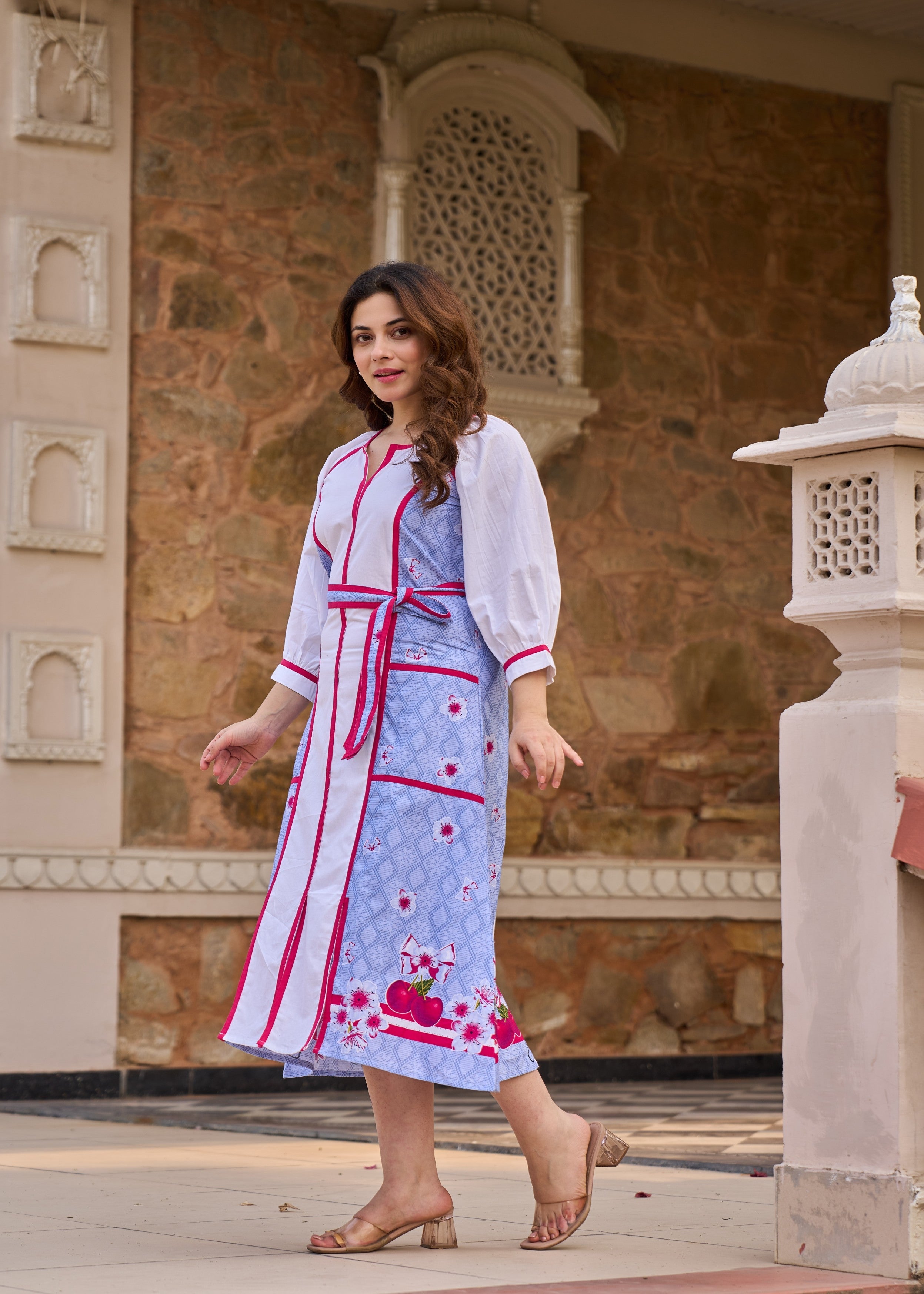 Blue and White Panelled Cotton Dress