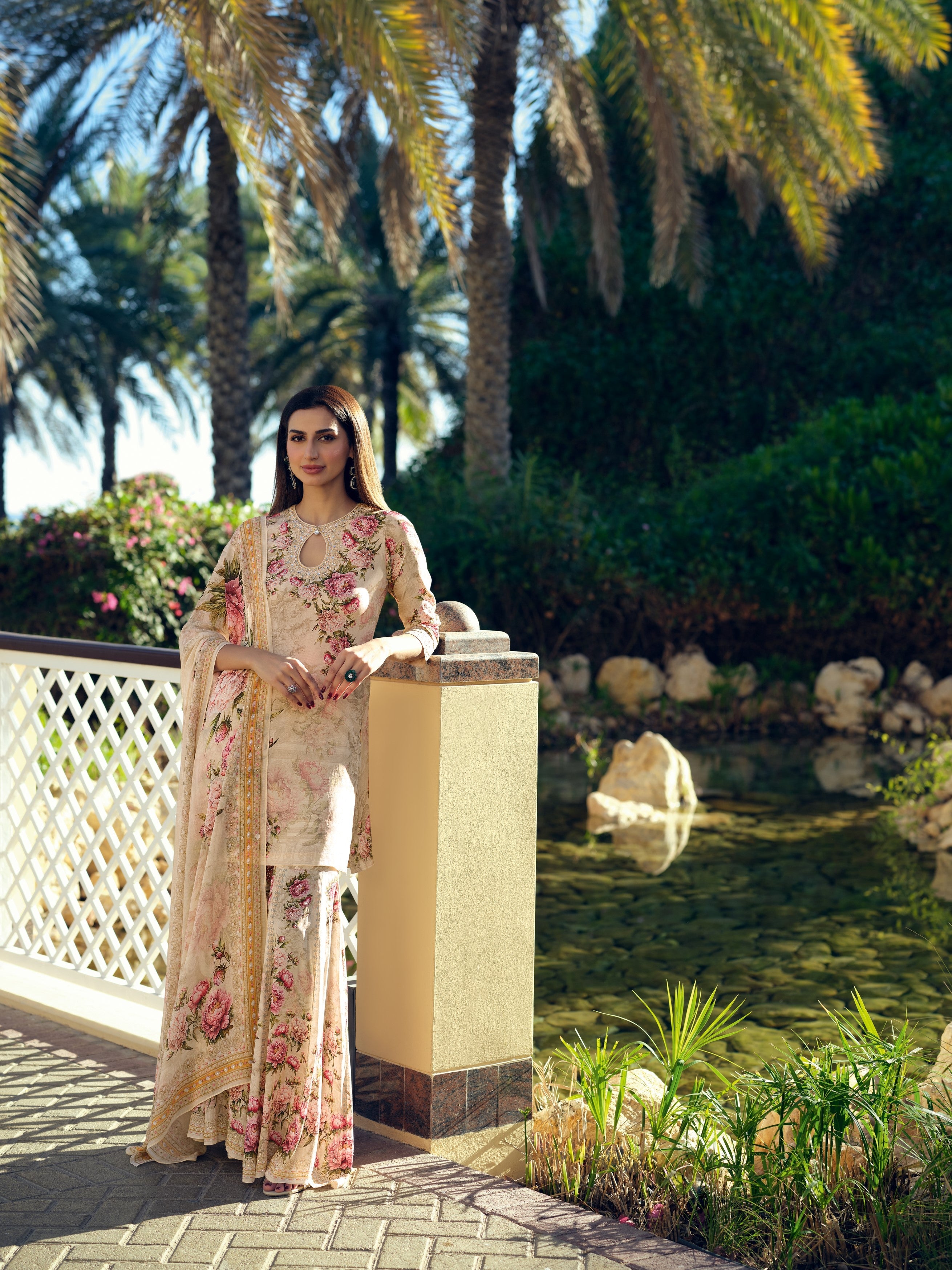 Cream White Printed Crepe Silk Sharara Set