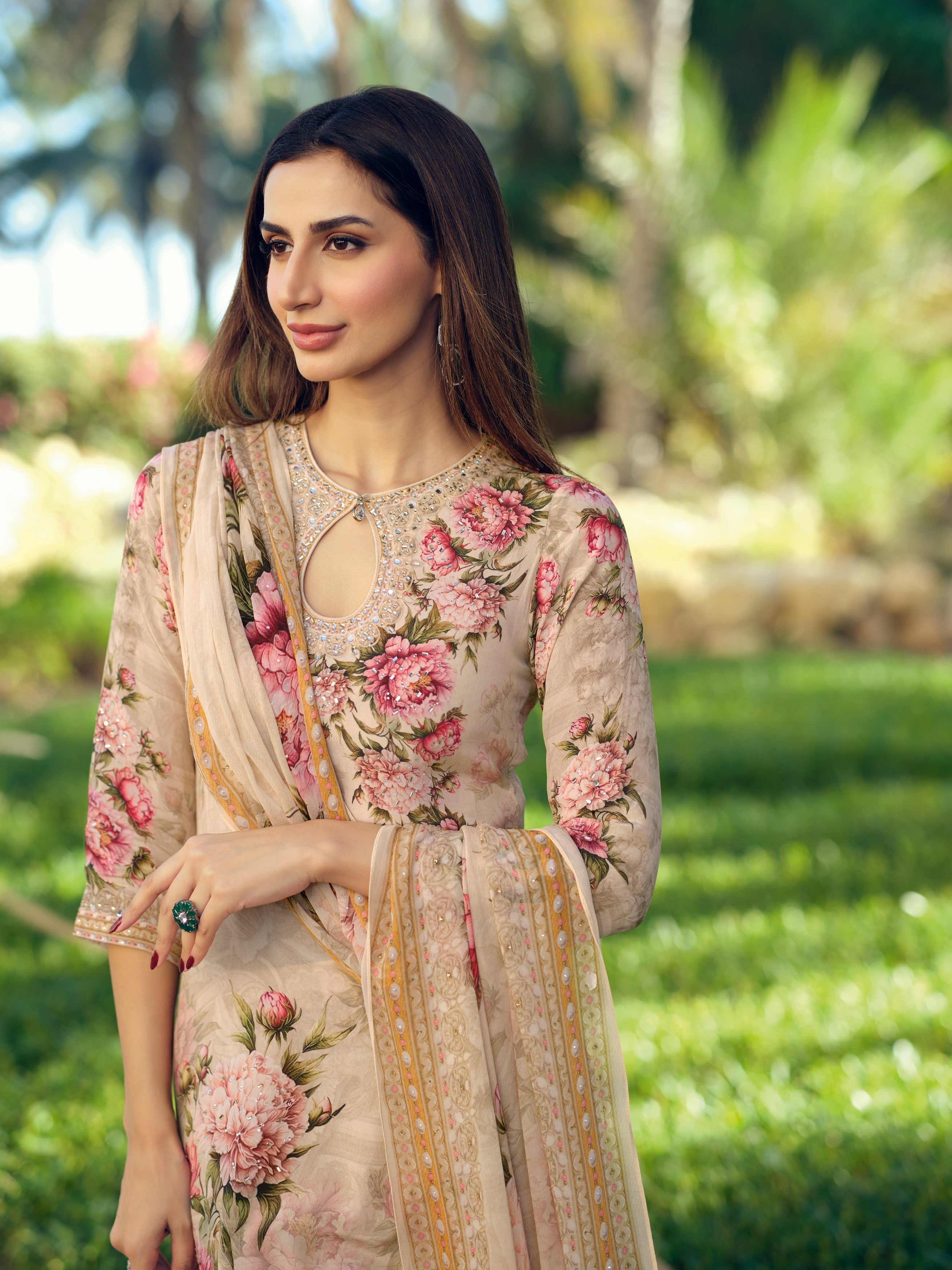 Cream White Printed Crepe Silk Sharara Set