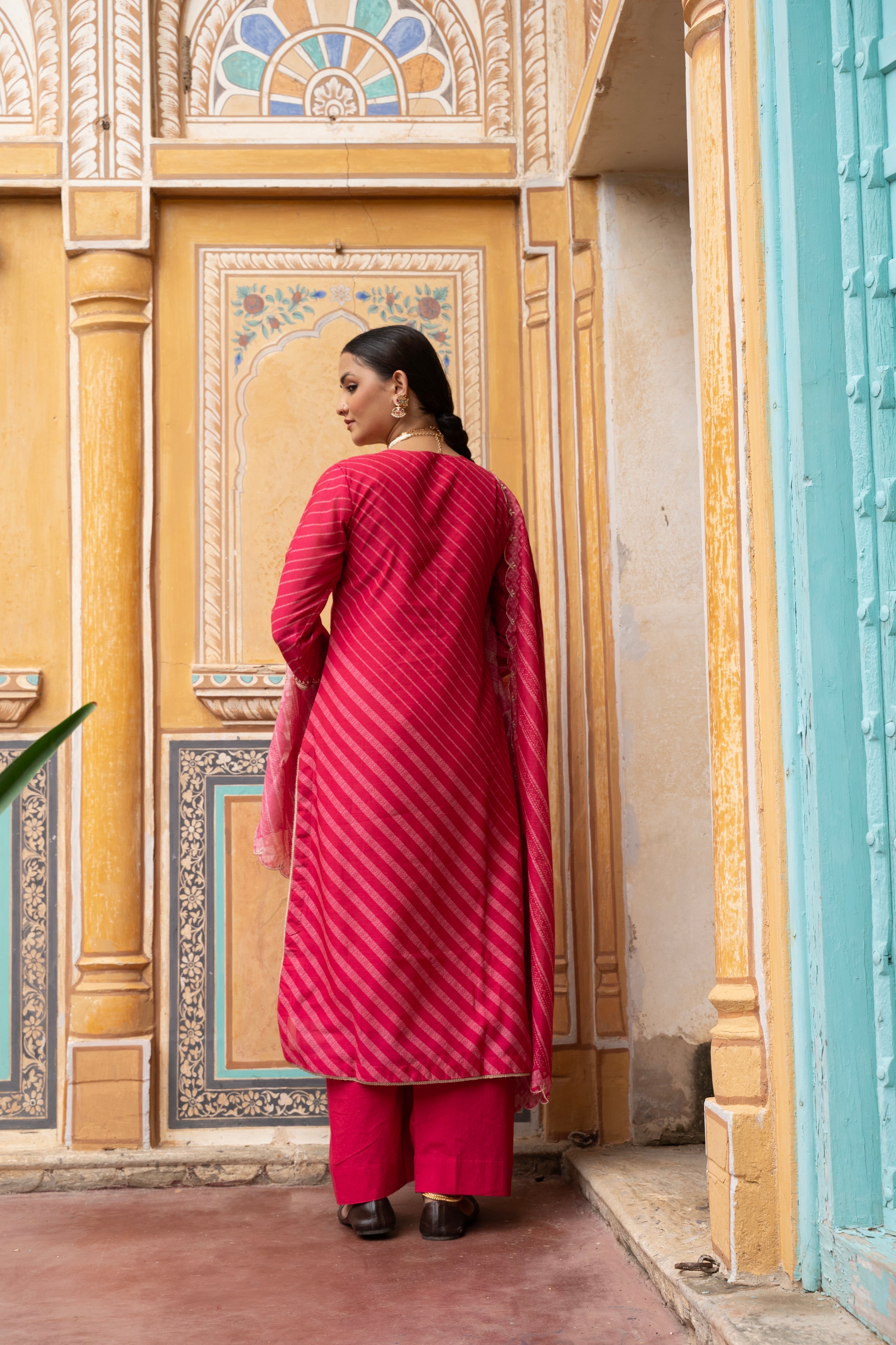 Coral Pink Embellished Chanderi Silk Pant Set