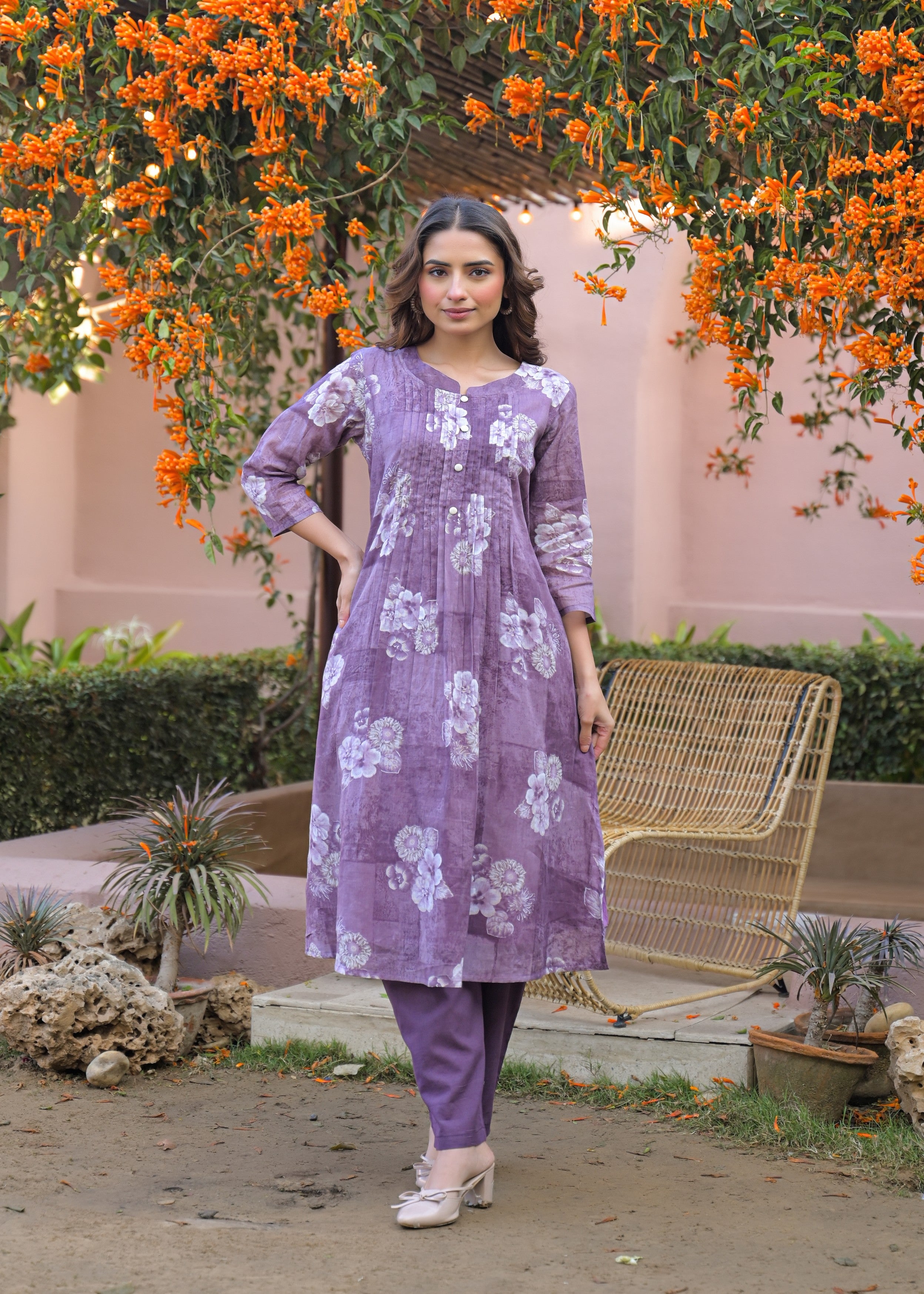 Dusty Mauve Floral Printed Cotton Kurta Set