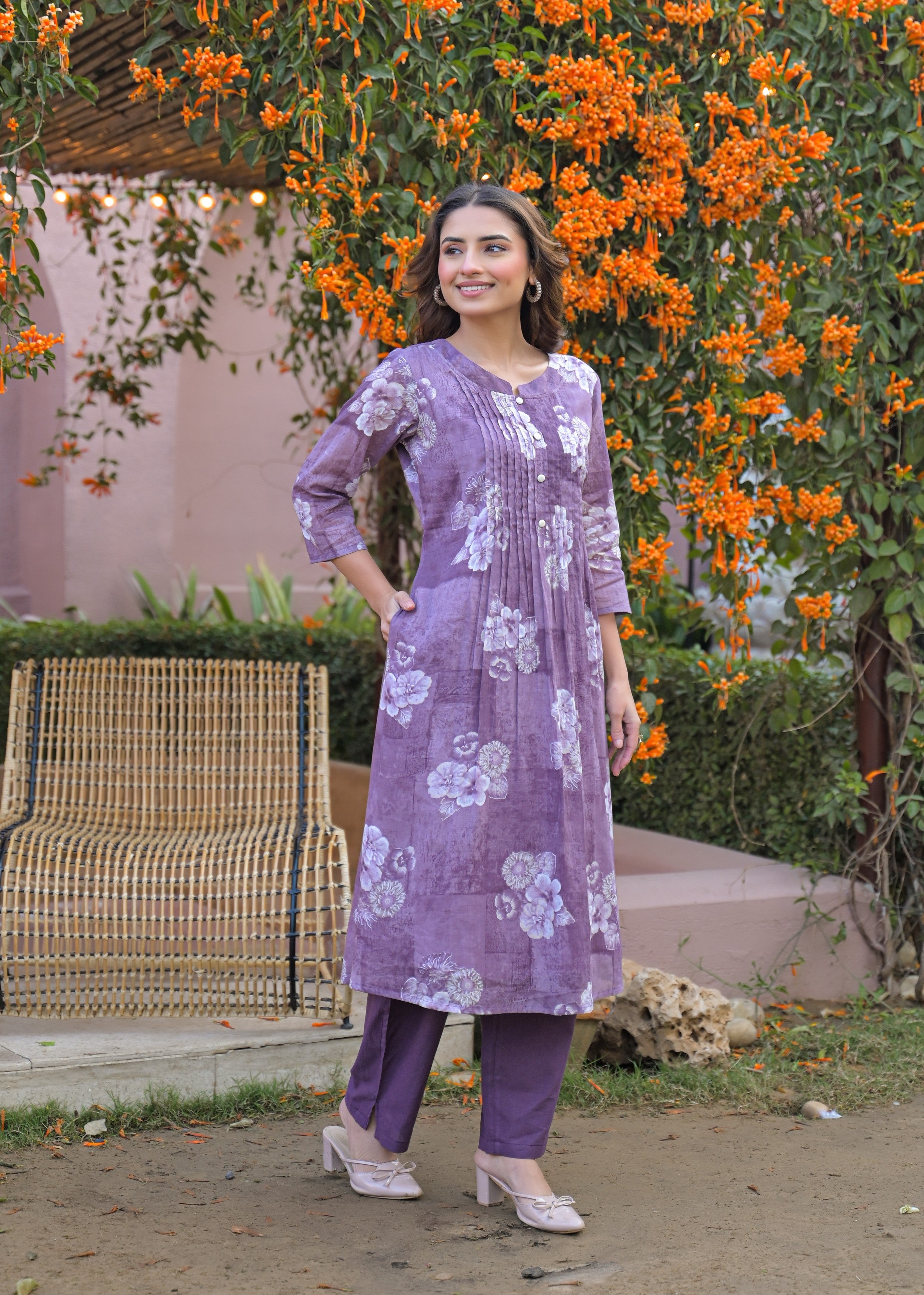 Dusty Mauve Floral Printed Cotton Kurta Set