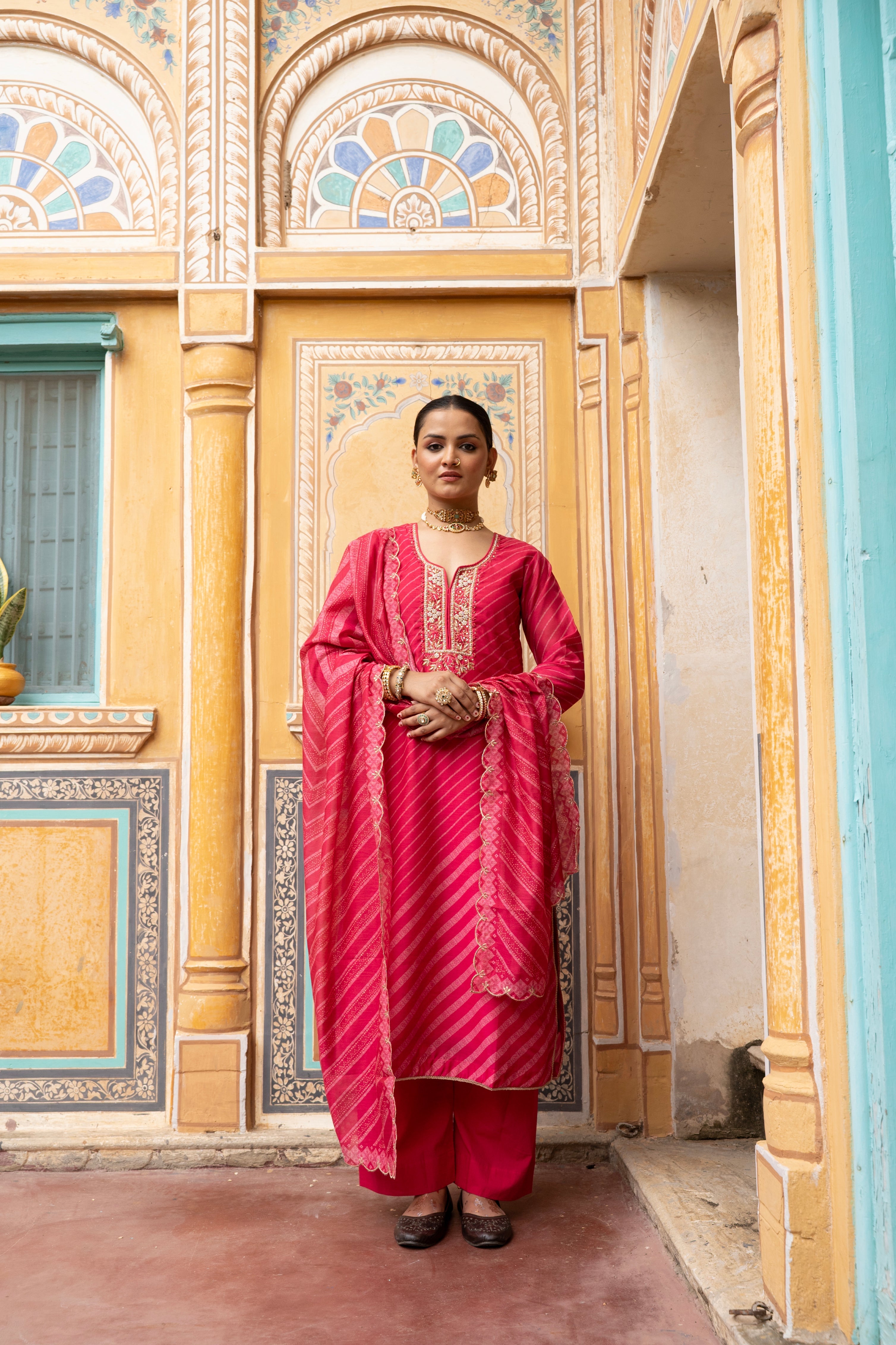 Coral Pink Embellished Chanderi Silk Pant Set