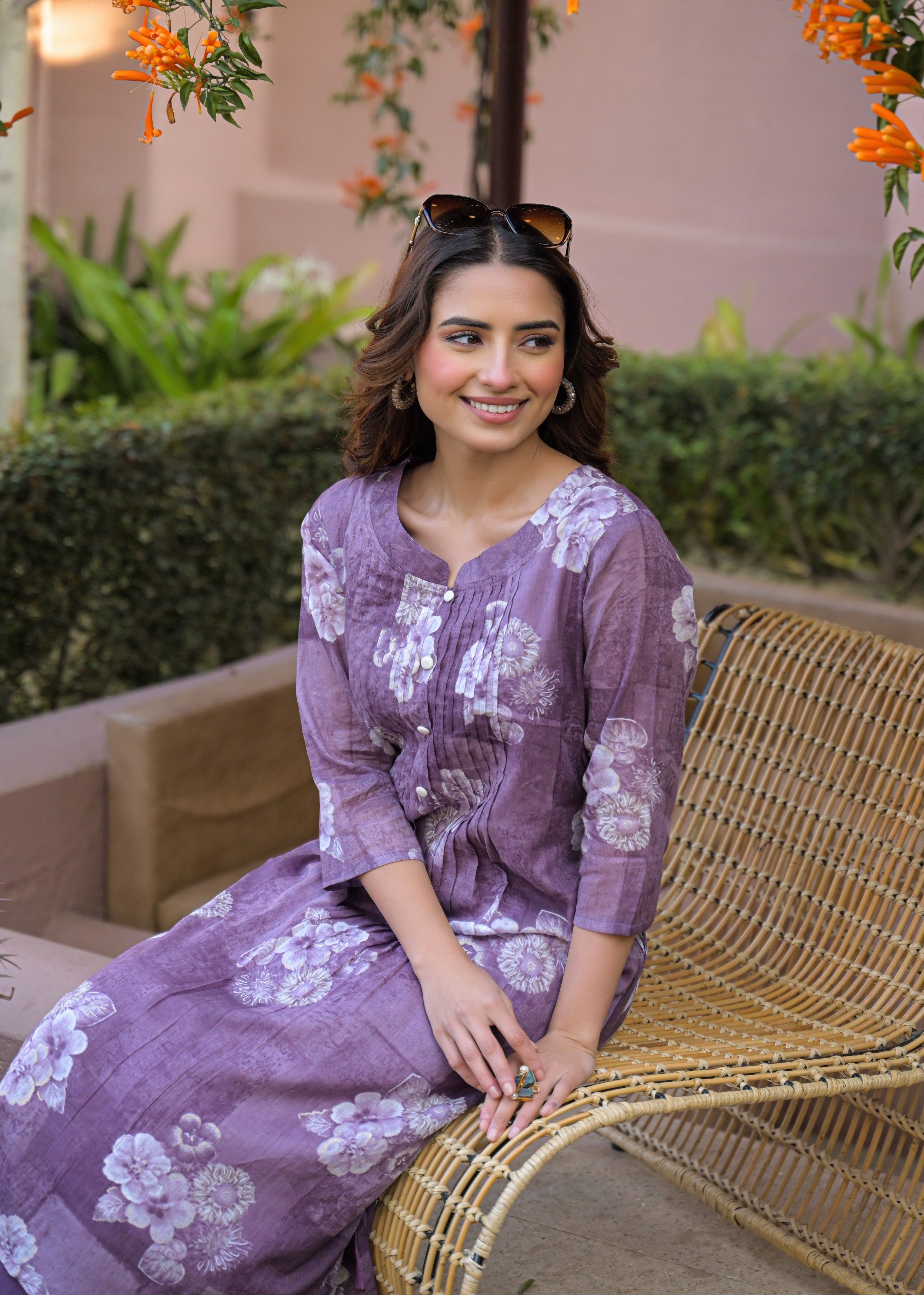 Dusty Mauve Floral Printed Cotton Kurta Set