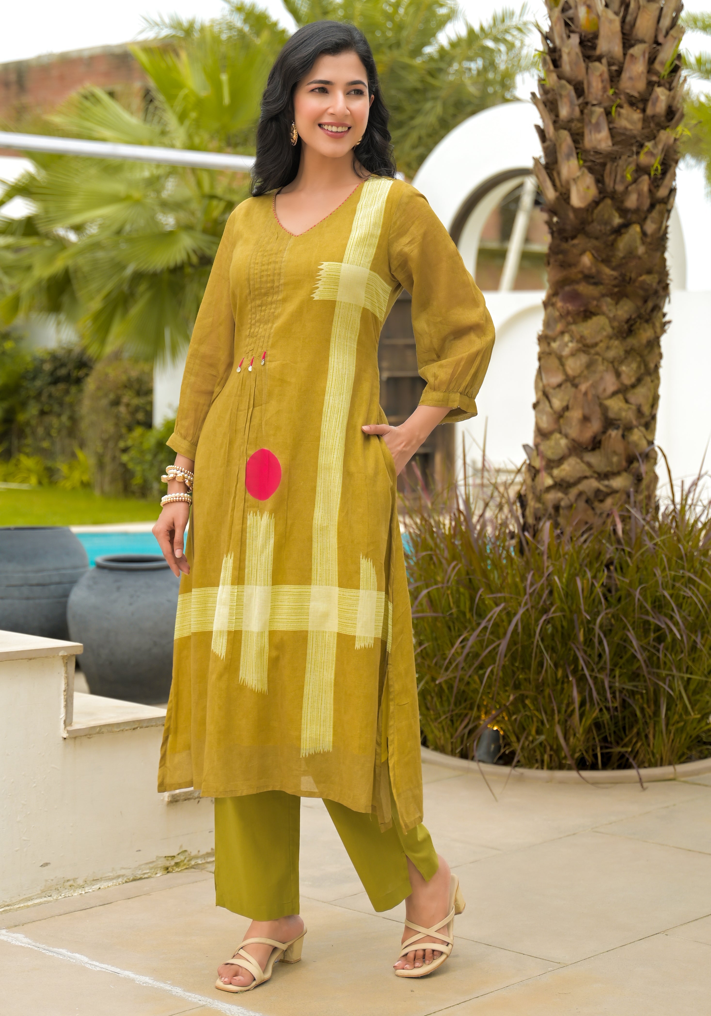 Olive Green Geometric Printed Cotton Kurta Set