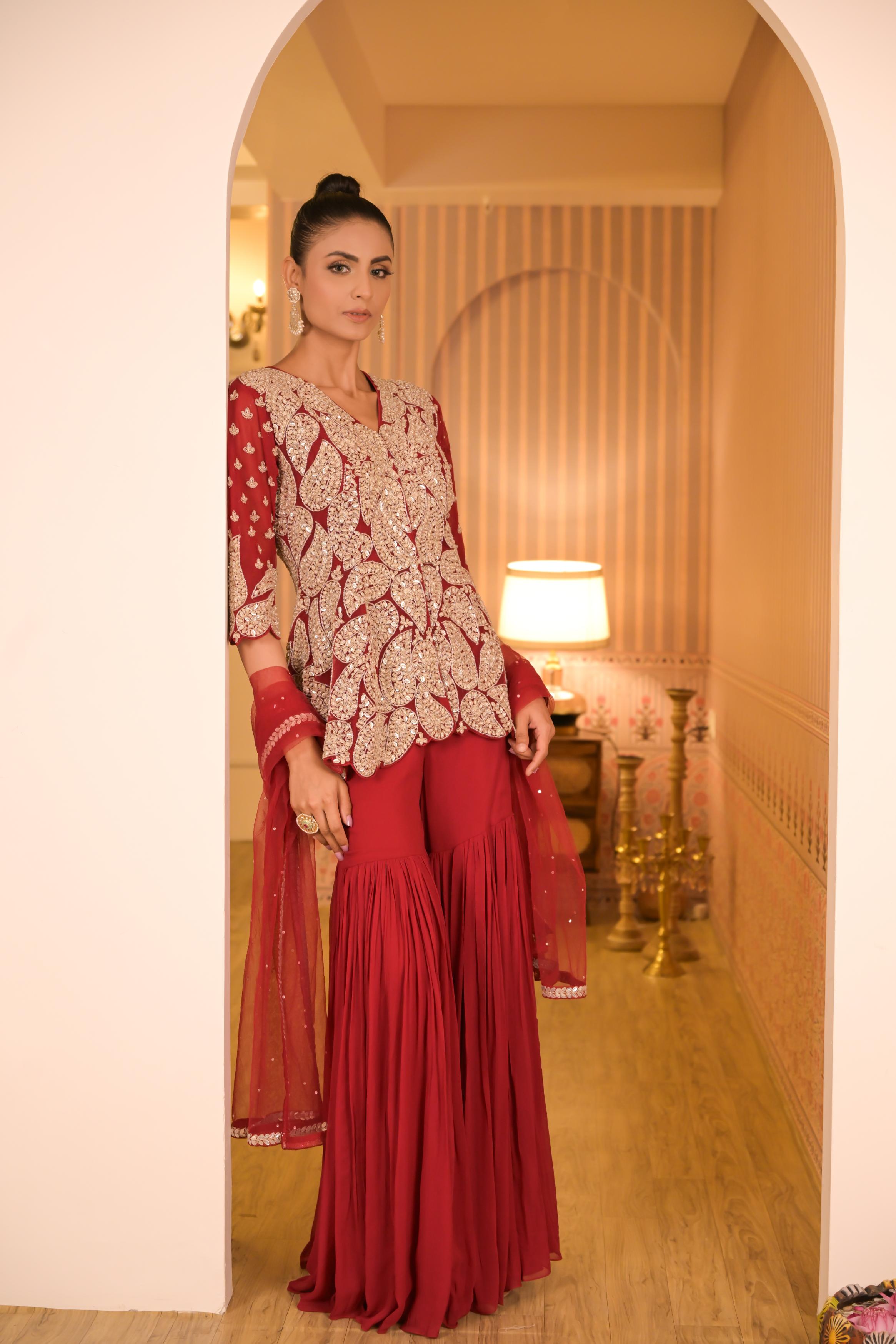 Red Embellished Georgette Silk Sharara Set