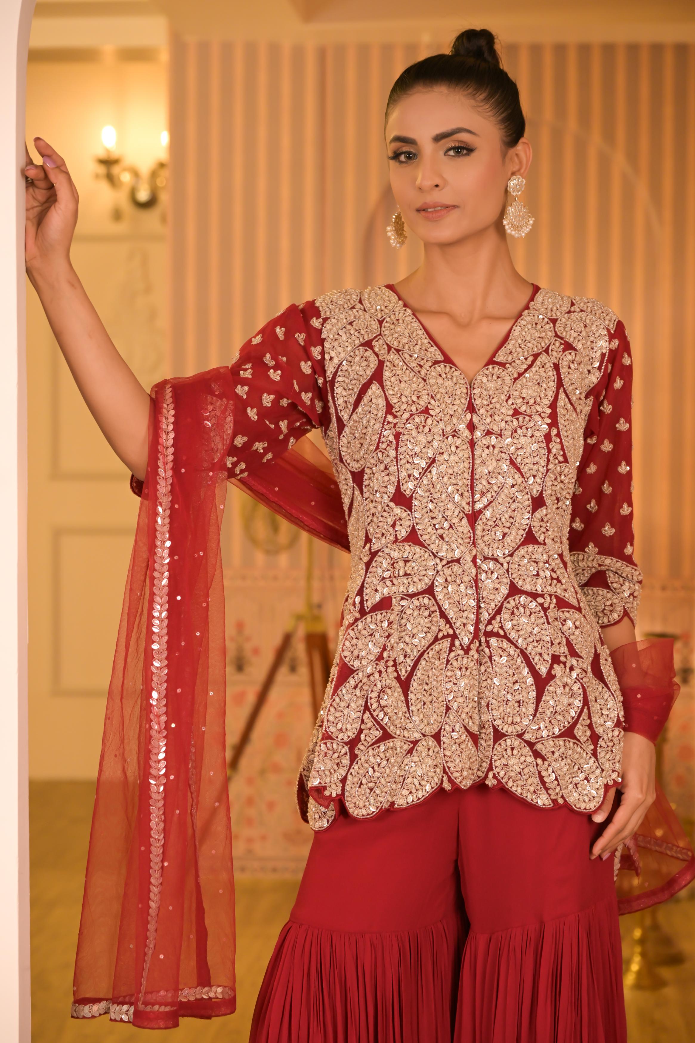 Red Embellished Georgette Silk Sharara Set