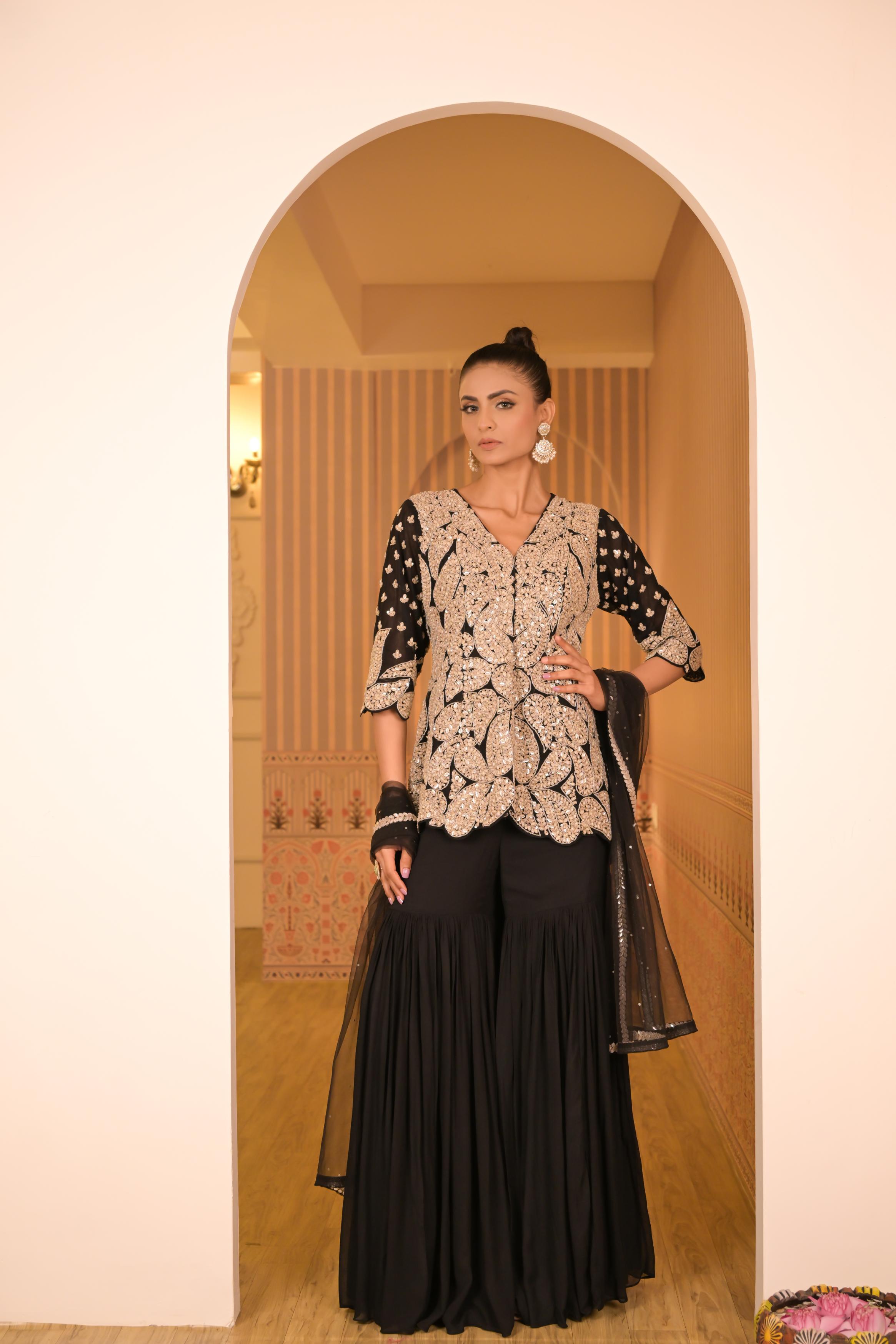 Black Embellished Georgette Silk Sharara Set