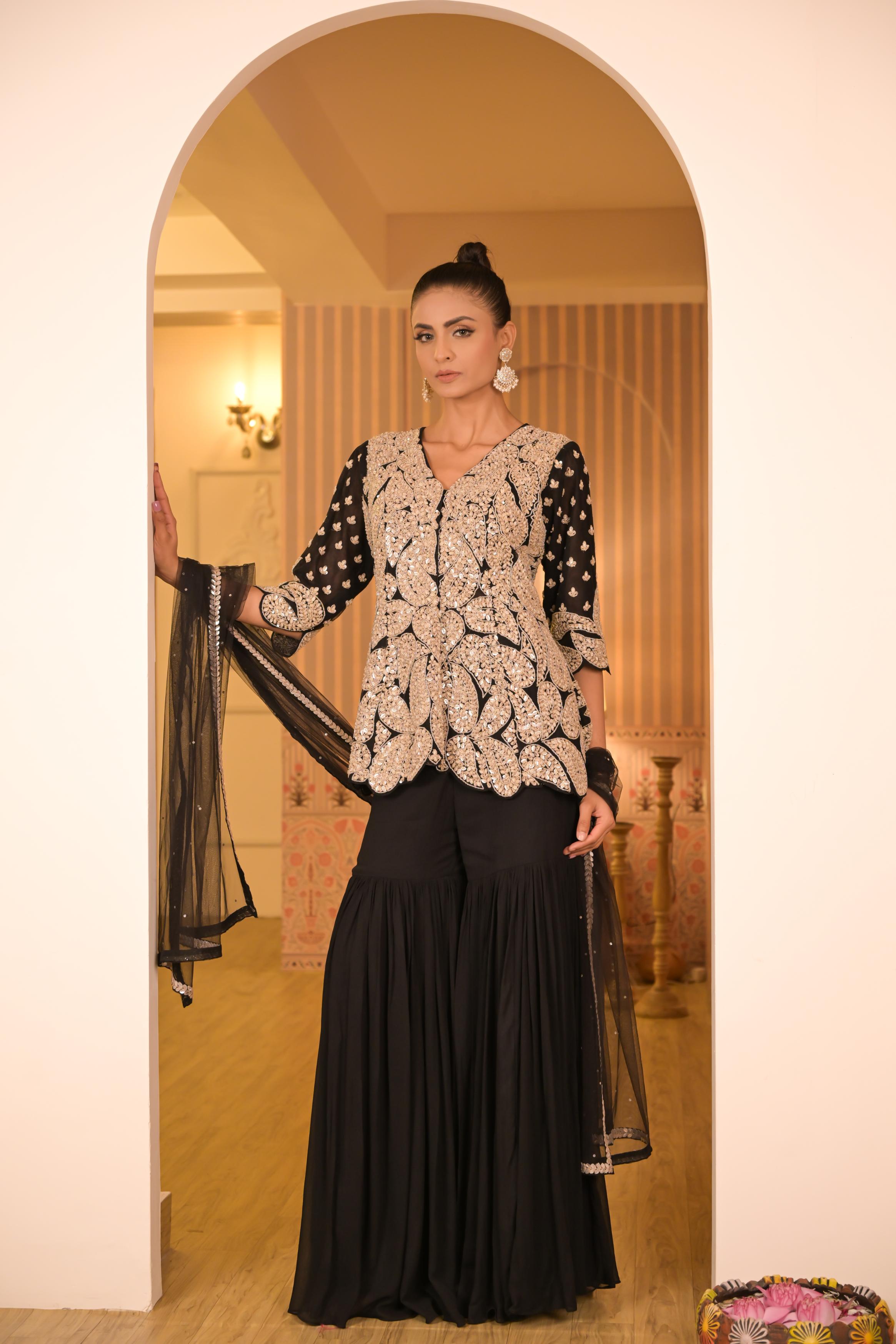 Black Embellished Georgette Silk Sharara Set