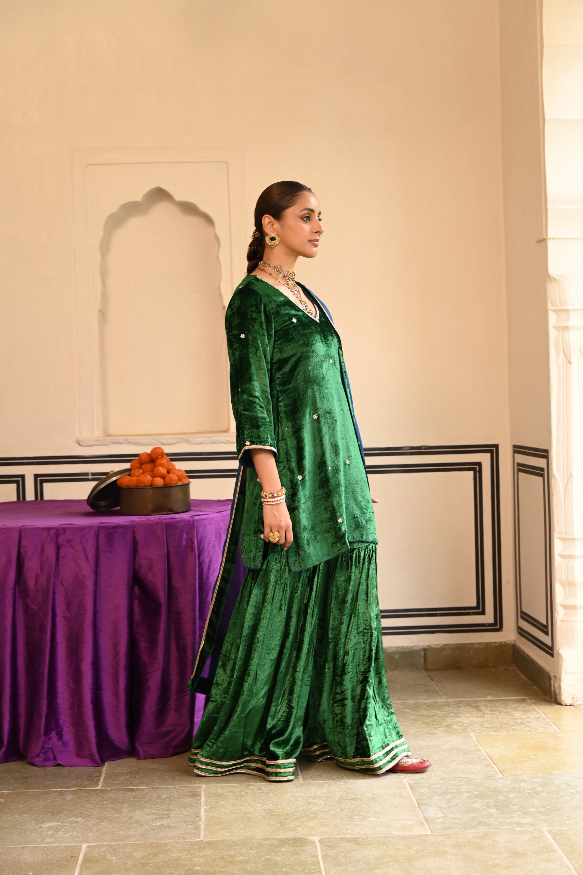 Emerald Green Embellished Premium Velvet Sharara Set