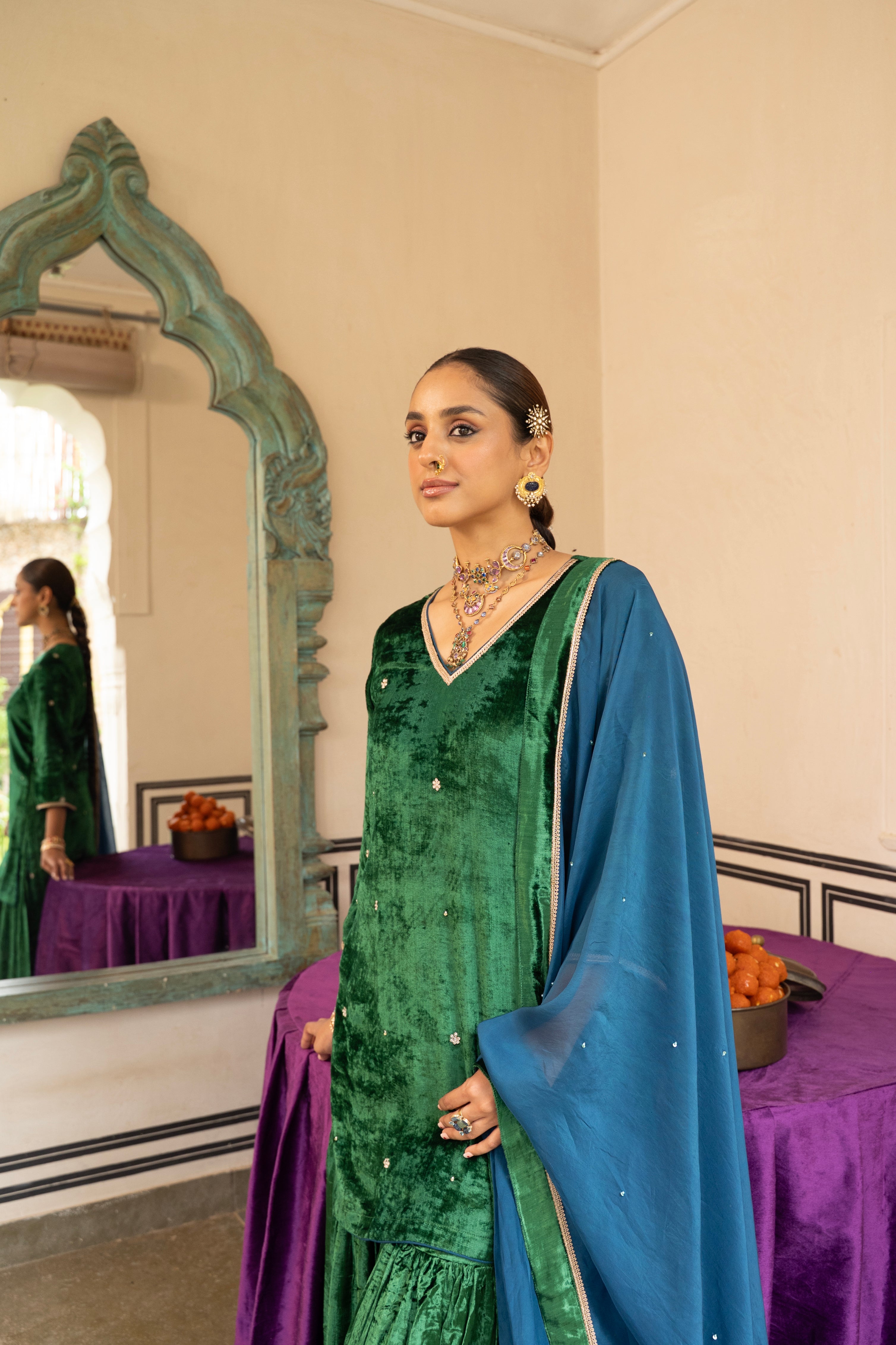 Emerald Green Embellished Premium Velvet Sharara Set