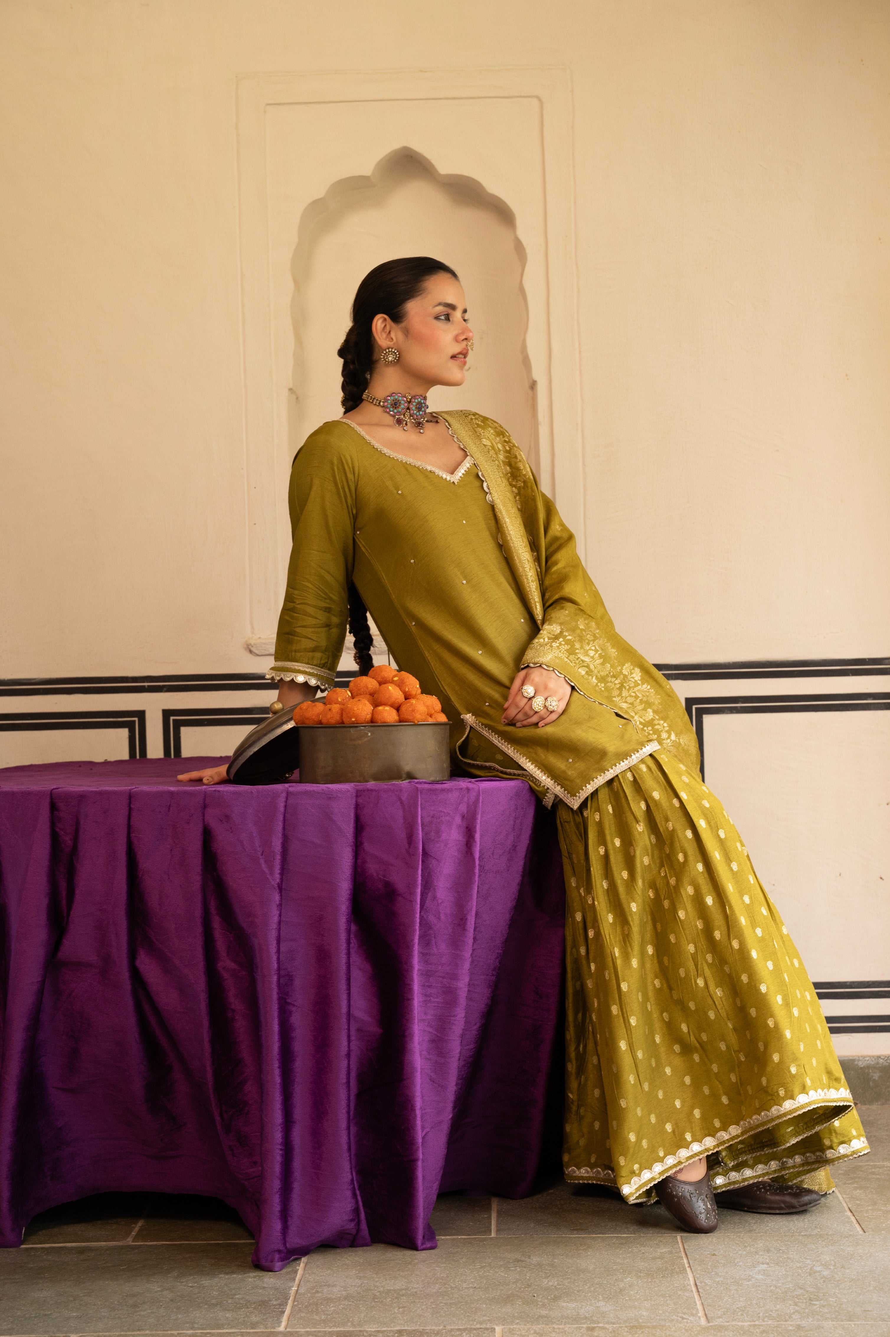 Olive Green Embellished Dola Silk Sharara Set