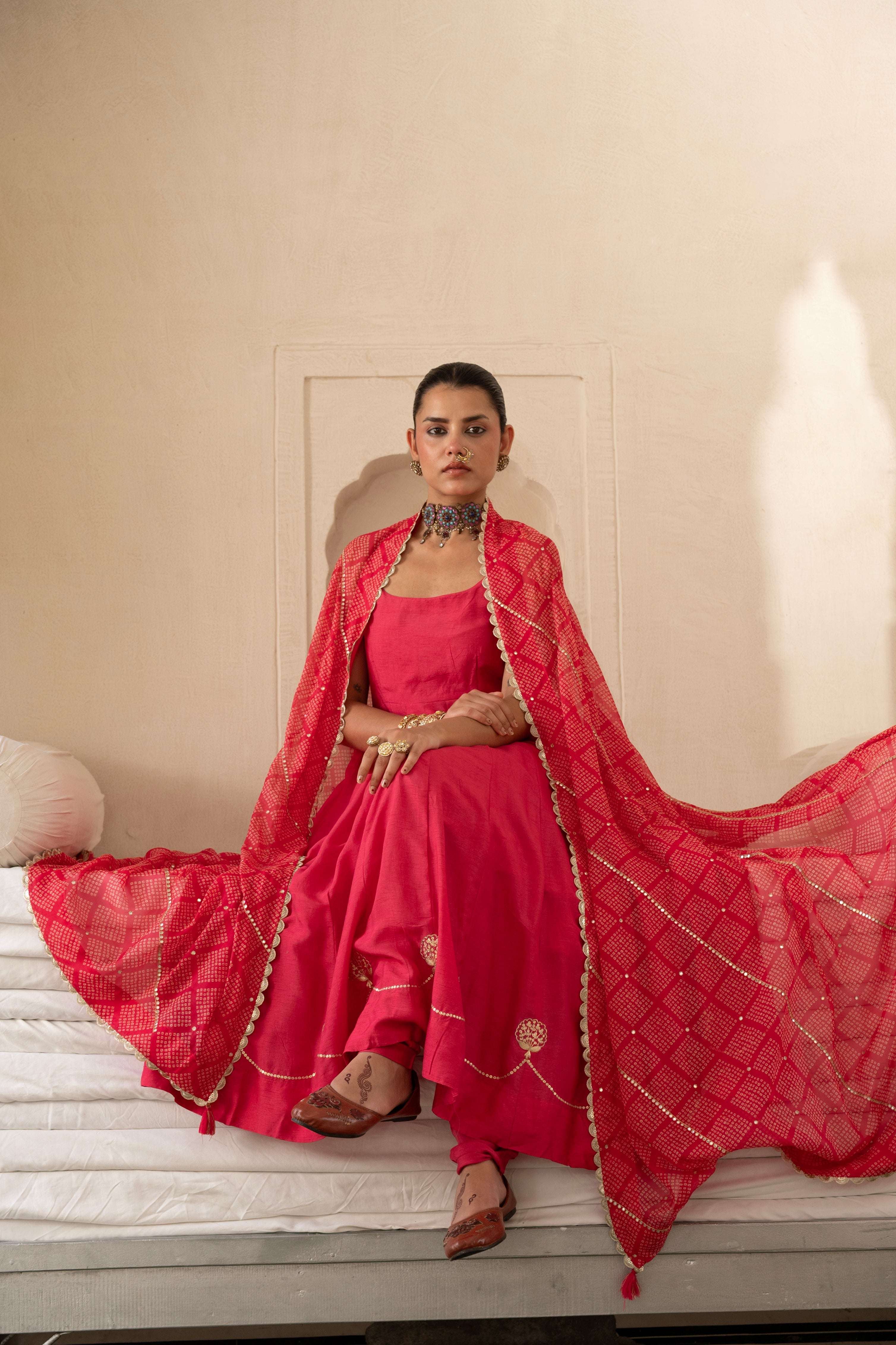 Pink Embellished Dola Silk Pant Set