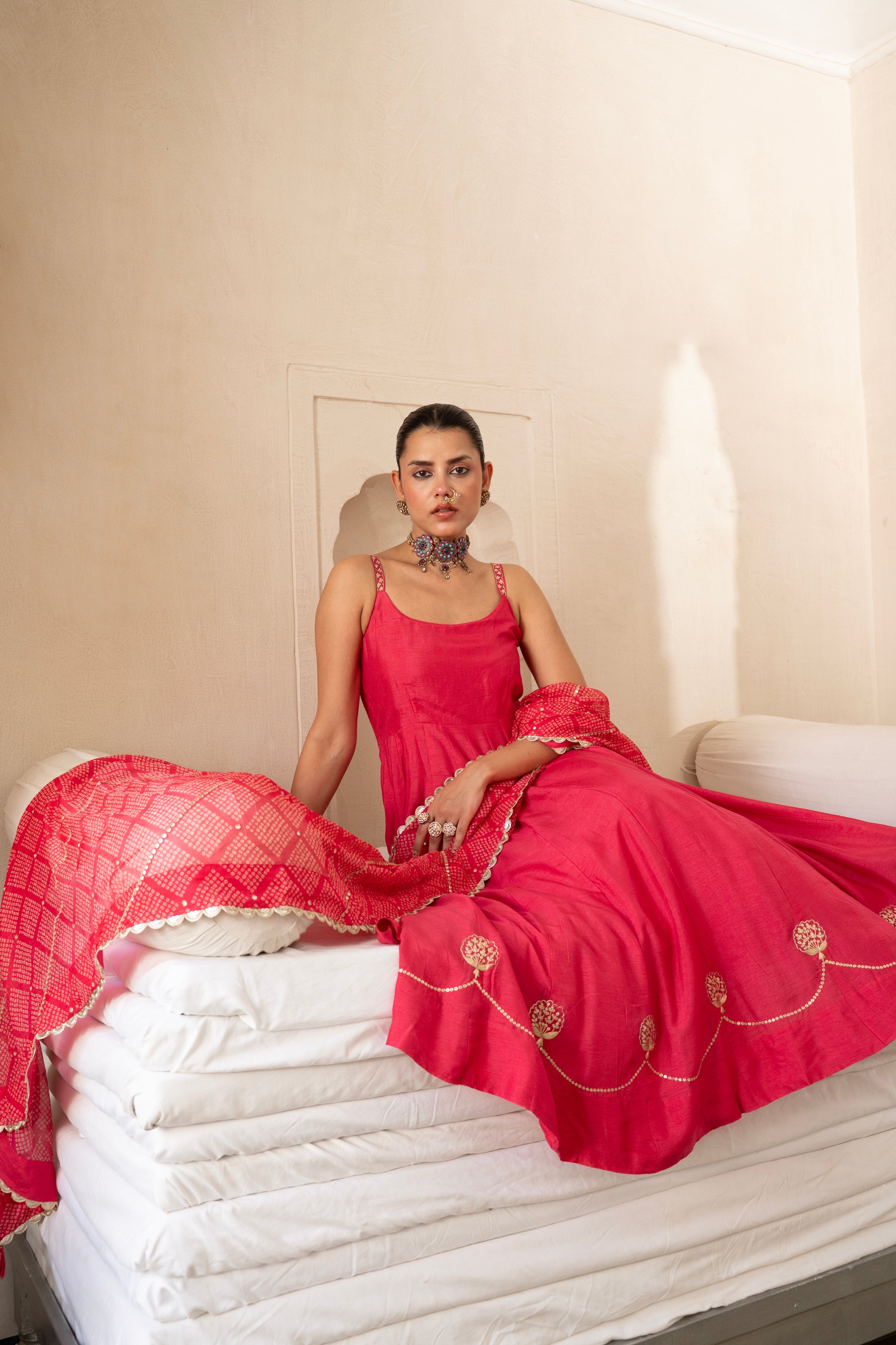 Pink Embellished Dola Silk Pant Set