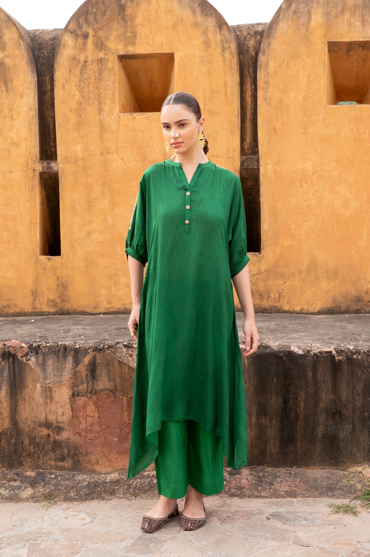Dark Green Embellished Dola Silk Kurta Set
