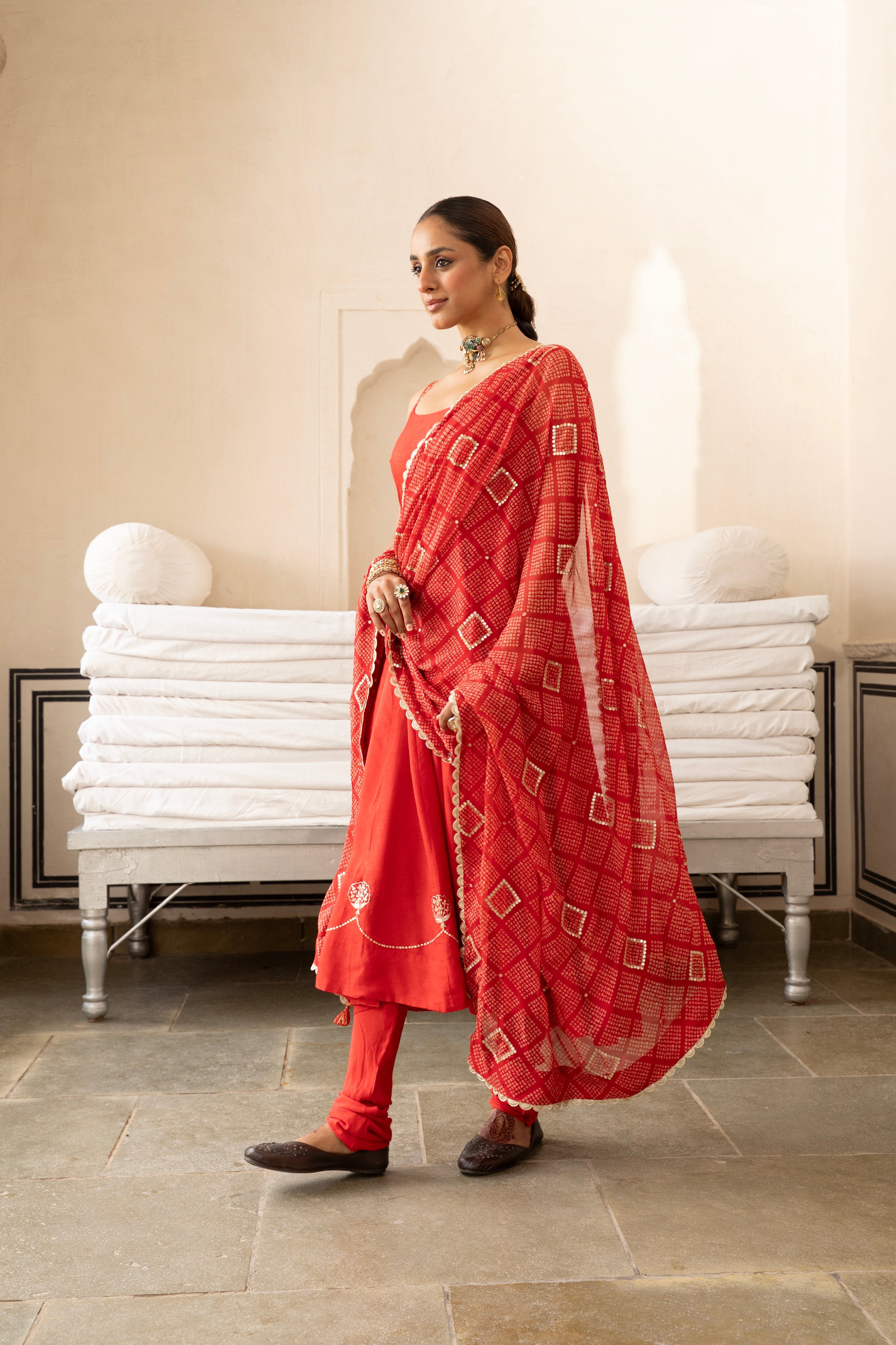 Red Embellished Dola Silk Pant Set