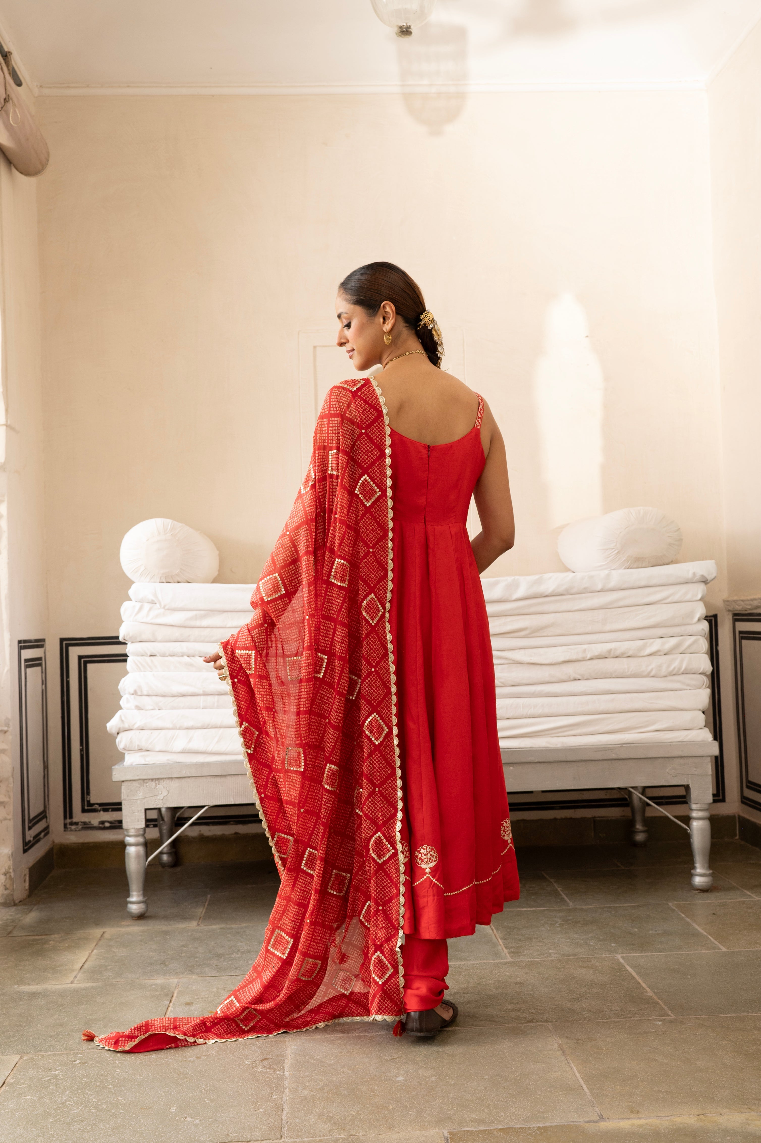Red Embellished Dola Silk Pant Set