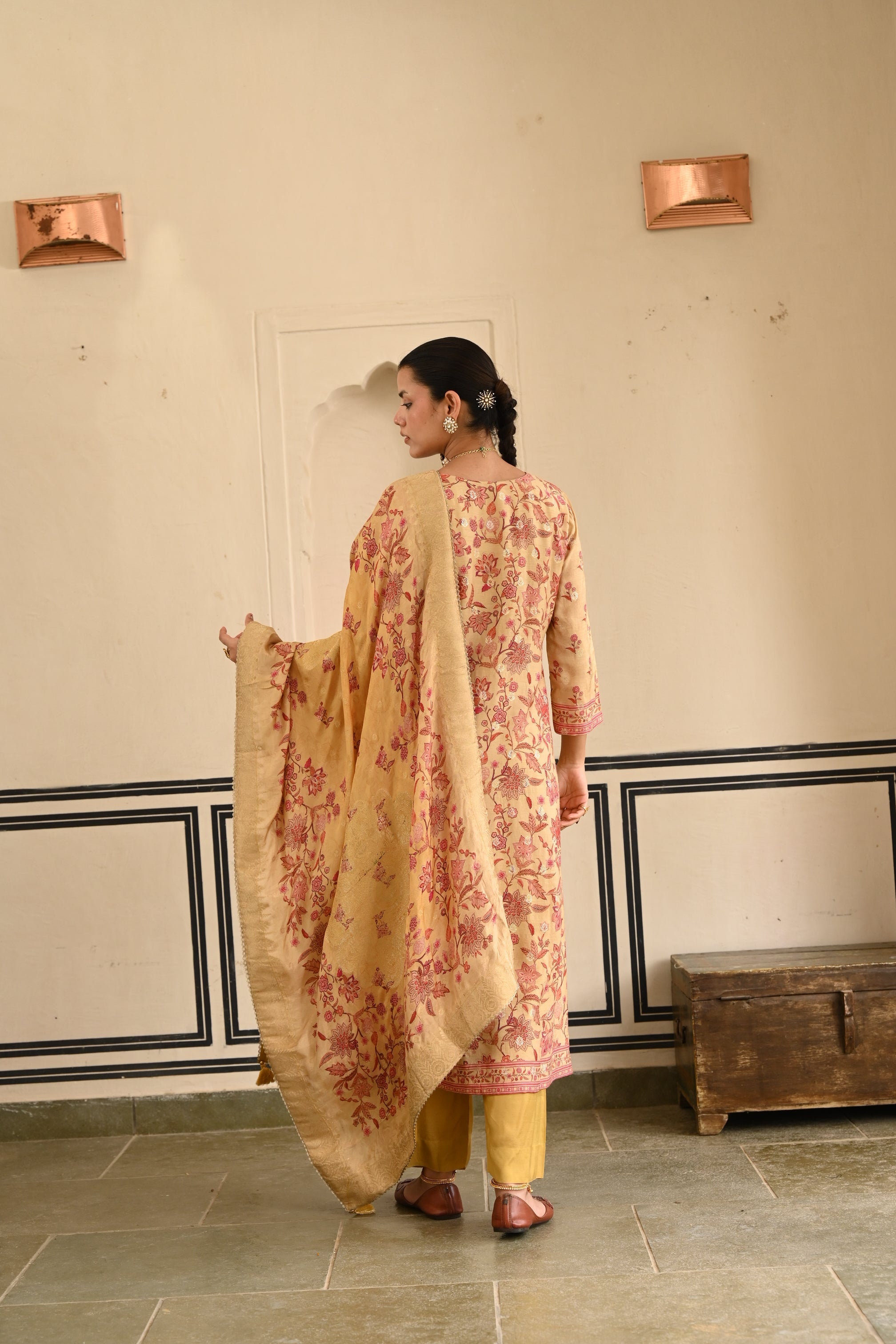 Mustard Yellow Printed Jacquard Silk Pant Set
