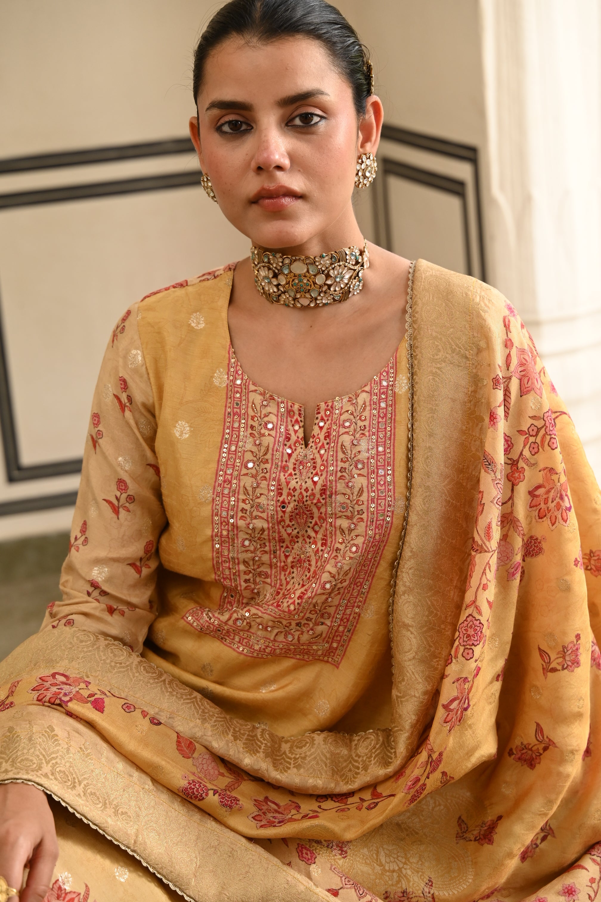 Mustard Yellow Printed Jacquard Silk Pant Set