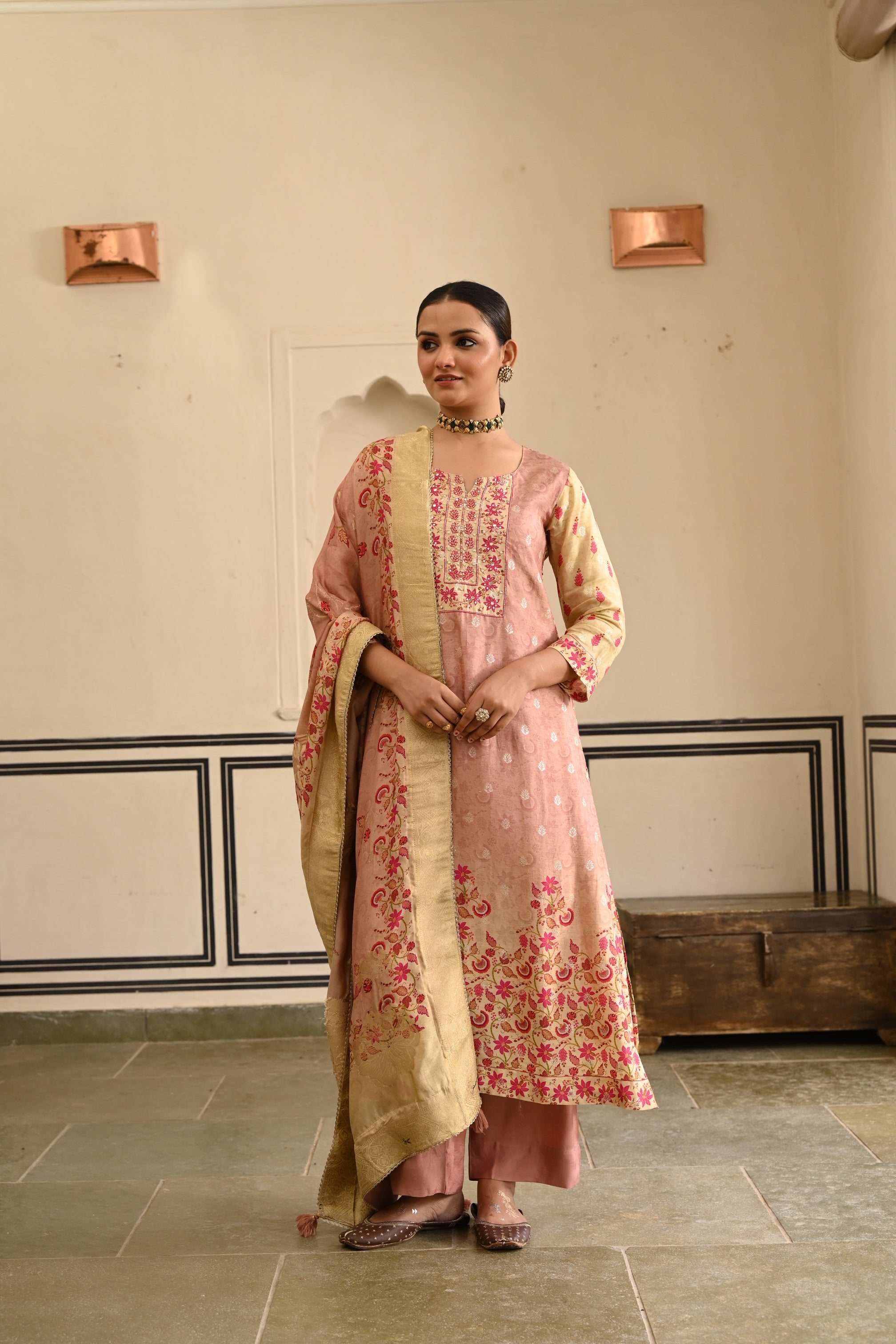 Onion Pink Printed Jacquard Silk Pant Set