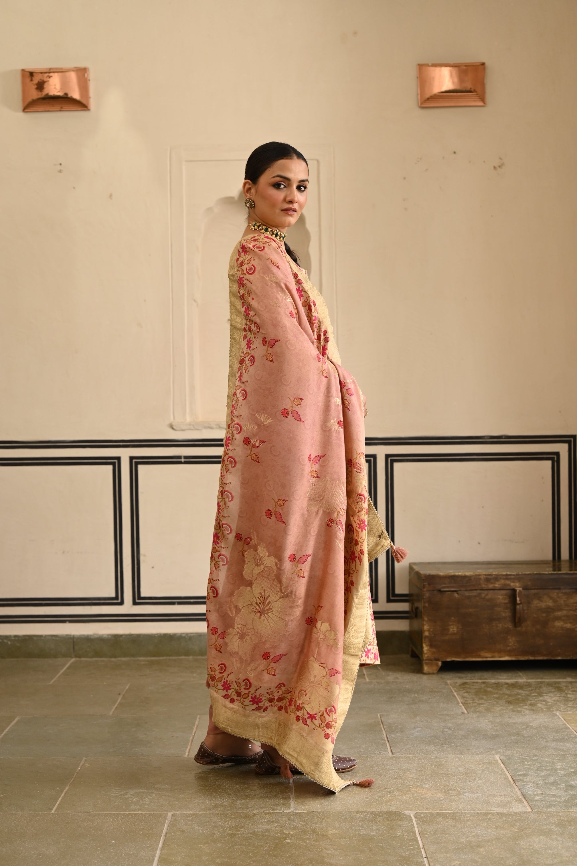 Onion Pink Printed Jacquard Silk Pant Set