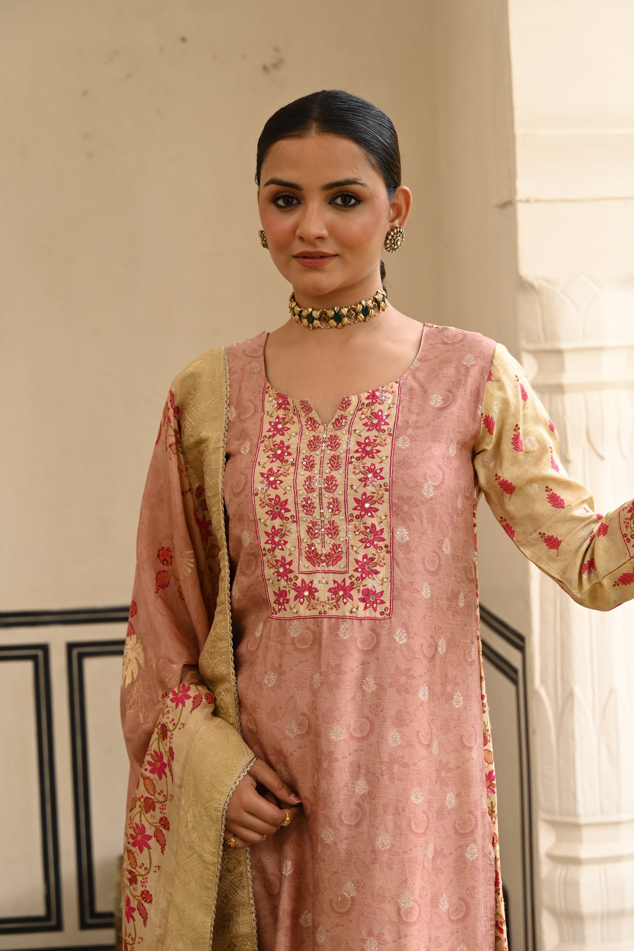 Onion Pink Printed Jacquard Silk Pant Set