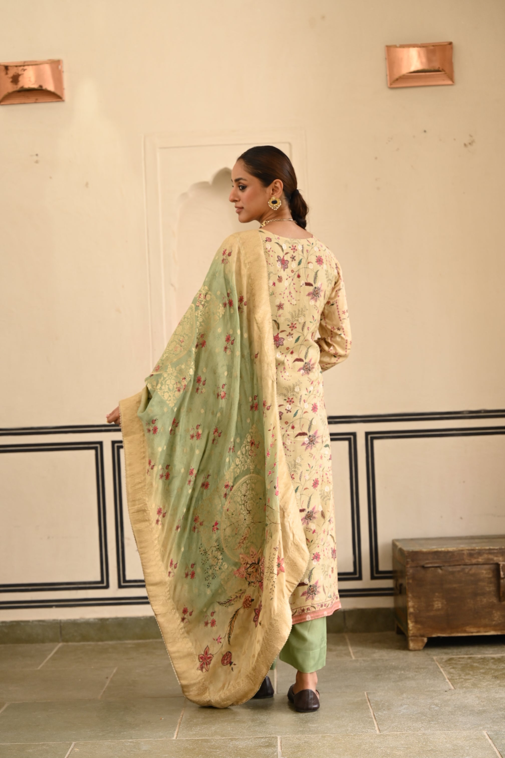 Pastel Green Printed Jacquard Silk Pant Set