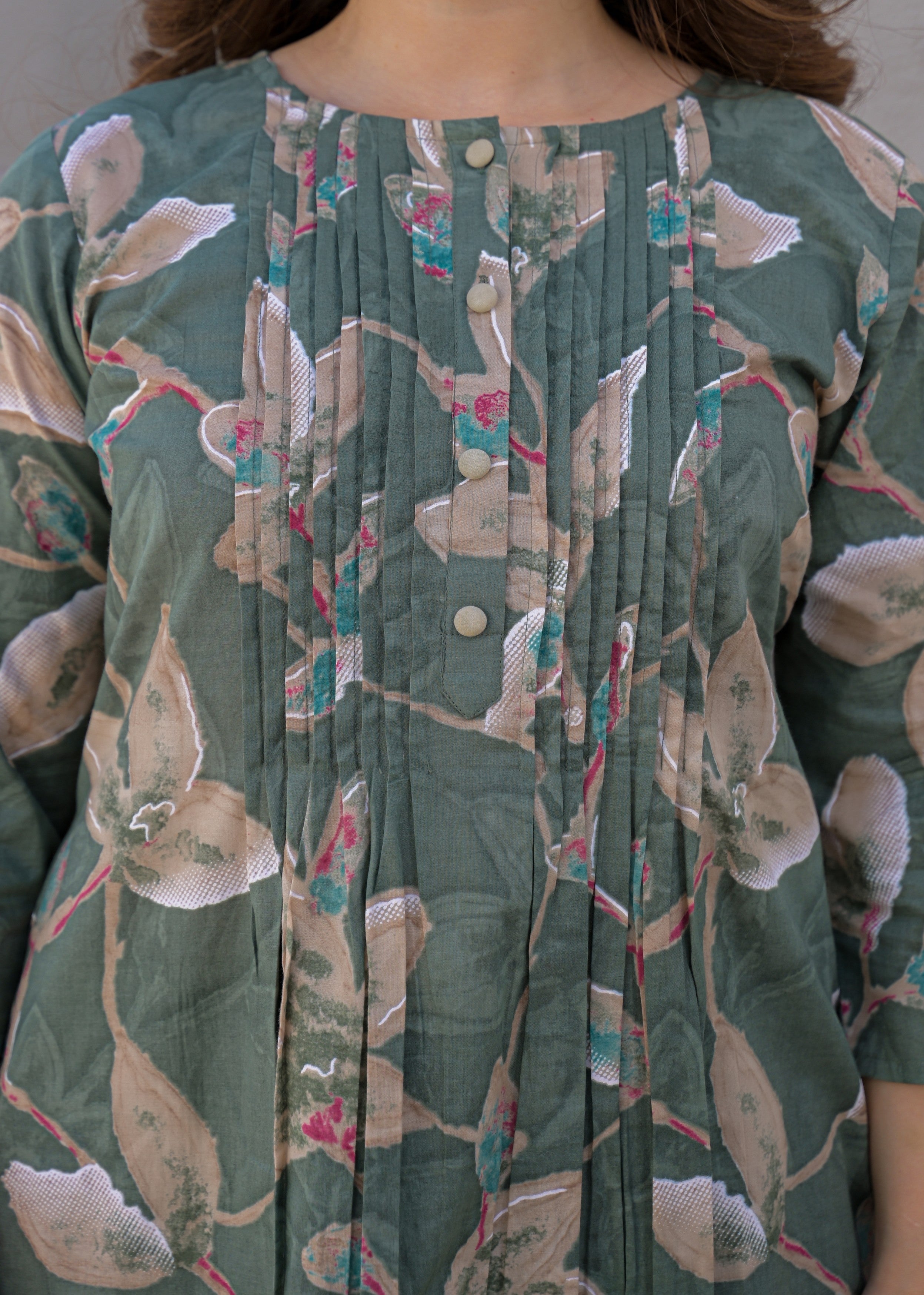 Dusty Green Botanical Printed Mul Cotton Kurta Set