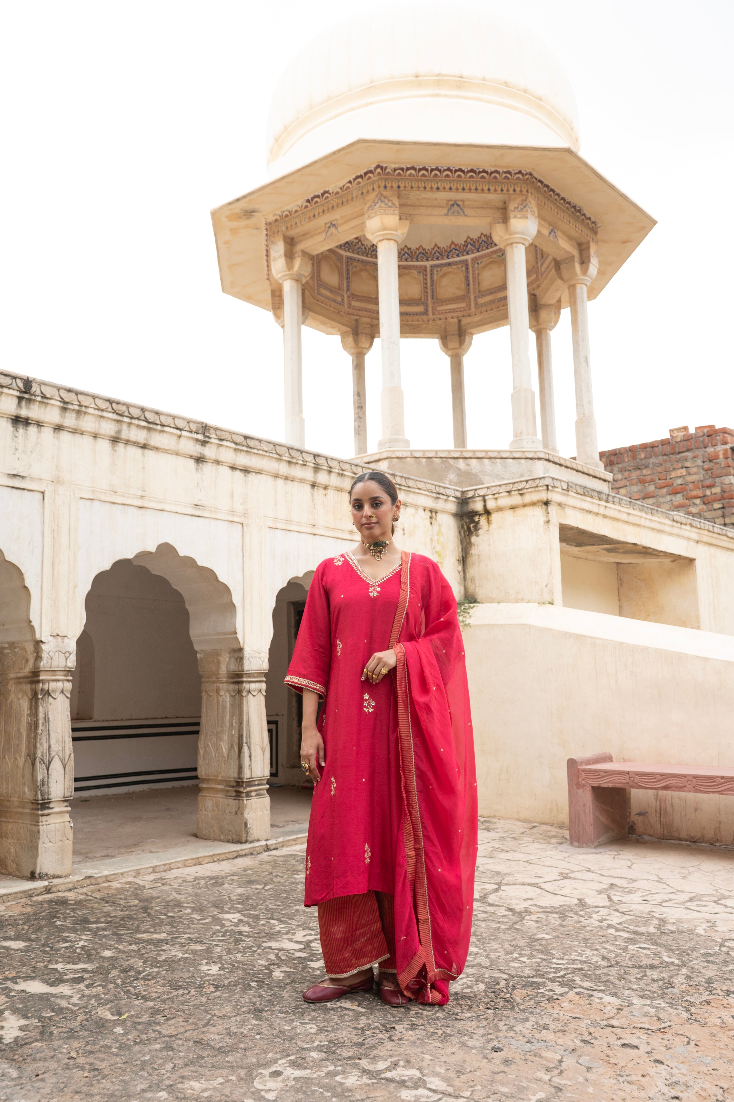 Scarlet Red Embellished Dola Silk Pant Set
