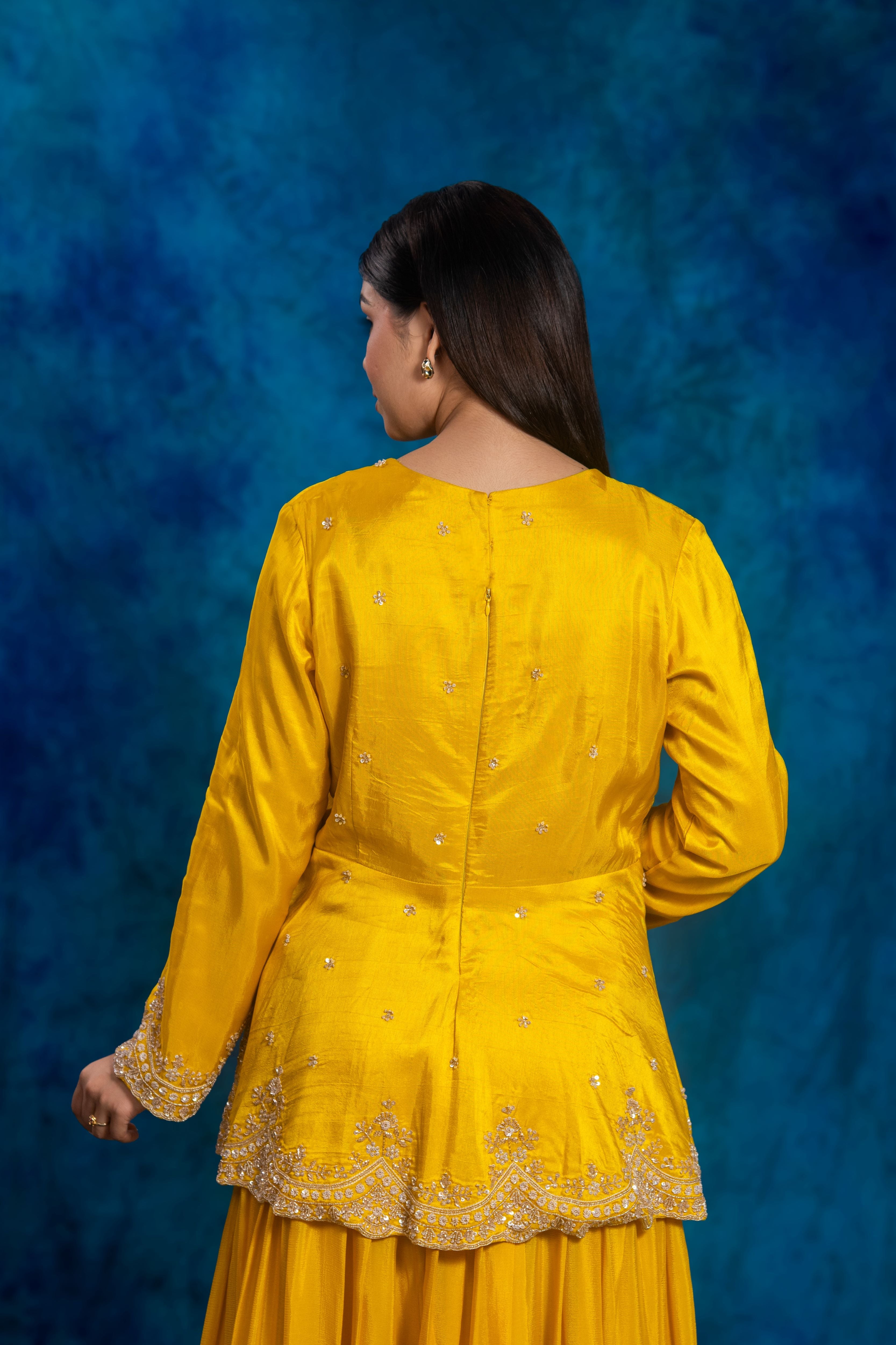 Festive Yellow Embellished Chinon Silk Skirt Set