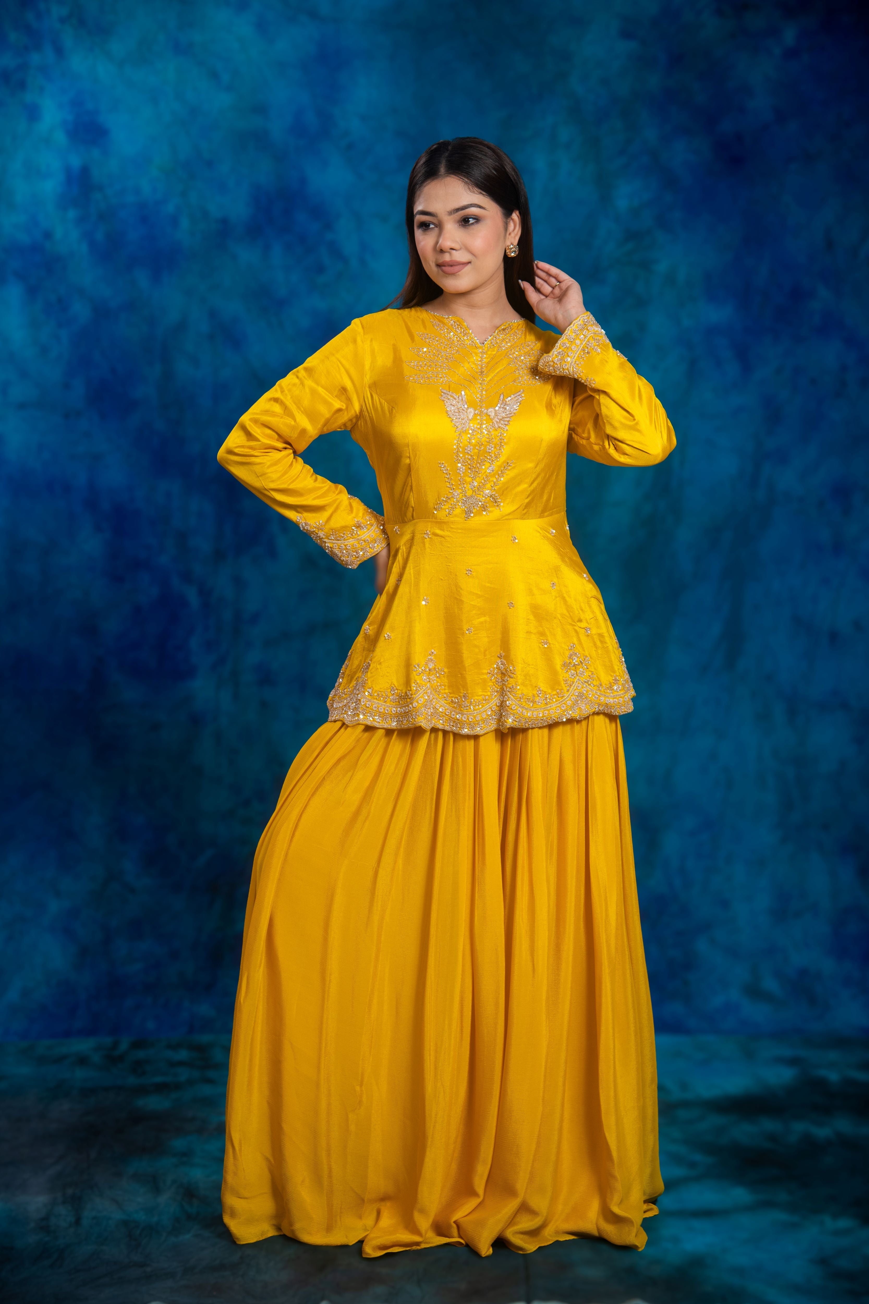 Festive Yellow Embellished Chinon Silk Skirt Set